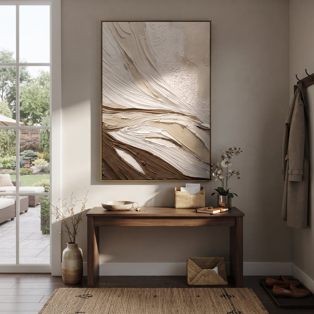 Brown White Flow Relief focuses on this hand-painted vertical textured canvas features sweeping white and warm brown carved plaster ridges, layered beige ground, and a dune-like abstract topographic flow. The composition is described from the actual main image, so the visible subject, color balance, spacing, and surface movement stay specific to this product instead of reading like a batch title. Raised palette-knife layers, sculpted impasto ridges, softened brush transitions, and tactile