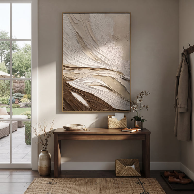 "Brown White Flow Relief" - Modern Heavy Impasto Topographic Abstract | Brown & White Palette Knife Painting | Luxury Vertical Wall Art #PT 1704
