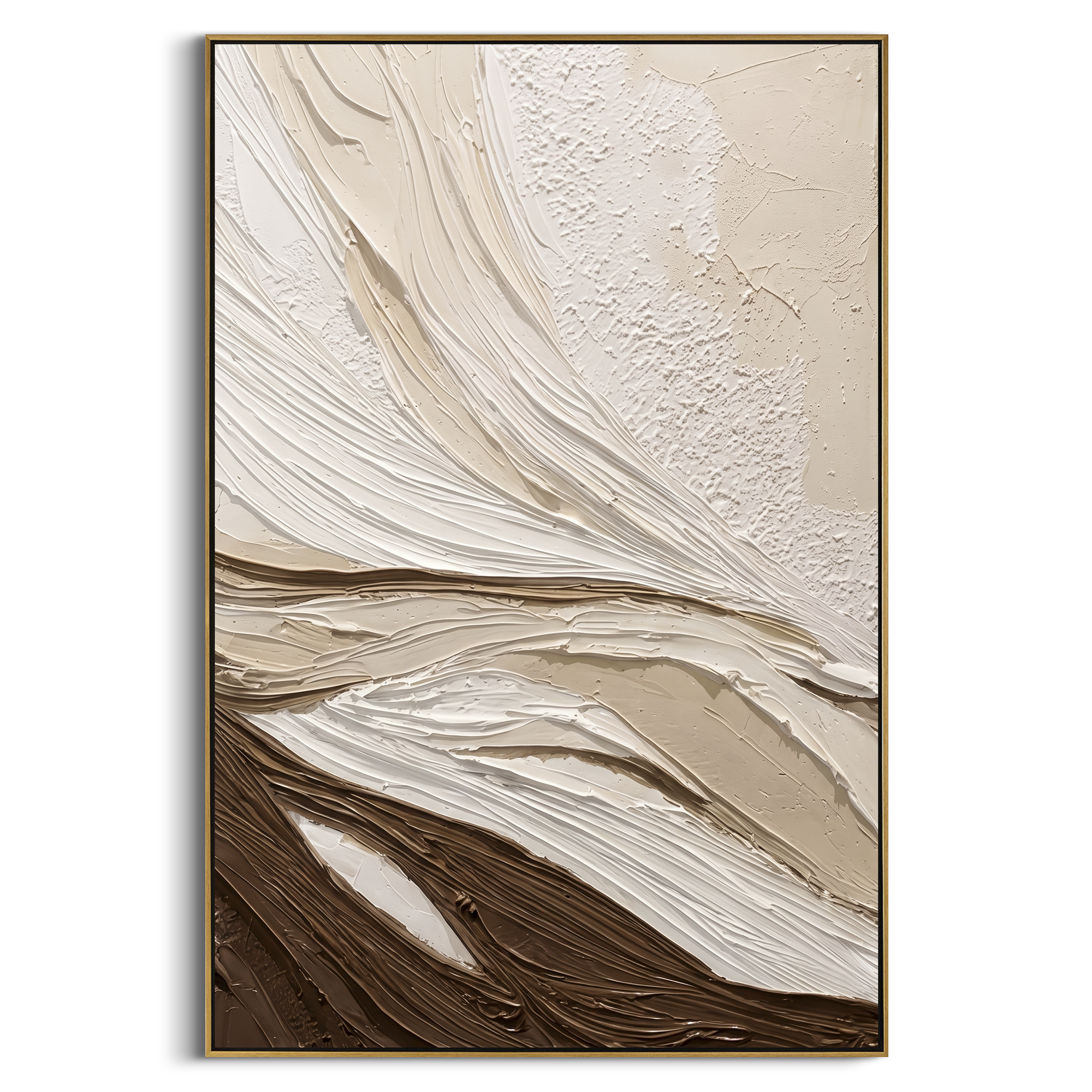Brown White Flow Relief focuses on this hand-painted vertical textured canvas features sweeping white and warm brown carved plaster ridges, layered beige ground, and a dune-like abstract topographic flow. The composition is described from the actual main image, so the visible subject, color balance, spacing, and surface movement stay specific to this product instead of reading like a batch title. Raised palette-knife layers, sculpted impasto ridges, softened brush transitions, and tactile