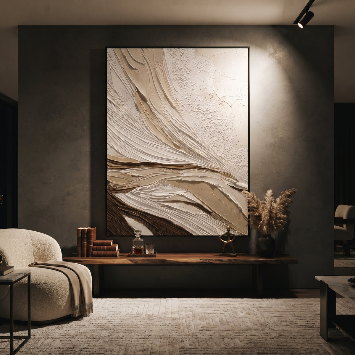 Brown White Flow Relief focuses on this hand-painted vertical textured canvas features sweeping white and warm brown carved plaster ridges, layered beige ground, and a dune-like abstract topographic flow. The composition is described from the actual main image, so the visible subject, color balance, spacing, and surface movement stay specific to this product instead of reading like a batch title. Raised palette-knife layers, sculpted impasto ridges, softened brush transitions, and tactile