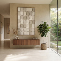 Soft Neutral Flow Relief focuses on this hand-painted vertical textured canvas presents soft beige and ivory plaster movement, broad flowing ridges, and a calm abstract surface with warm neutral depth. The composition is described from the actual main image, so the visible subject, color balance, spacing, and surface movement stay specific to this product instead of reading like a batch title. Raised palette-knife layers, sculpted impasto ridges, softened brush transitions, and tactile handmade