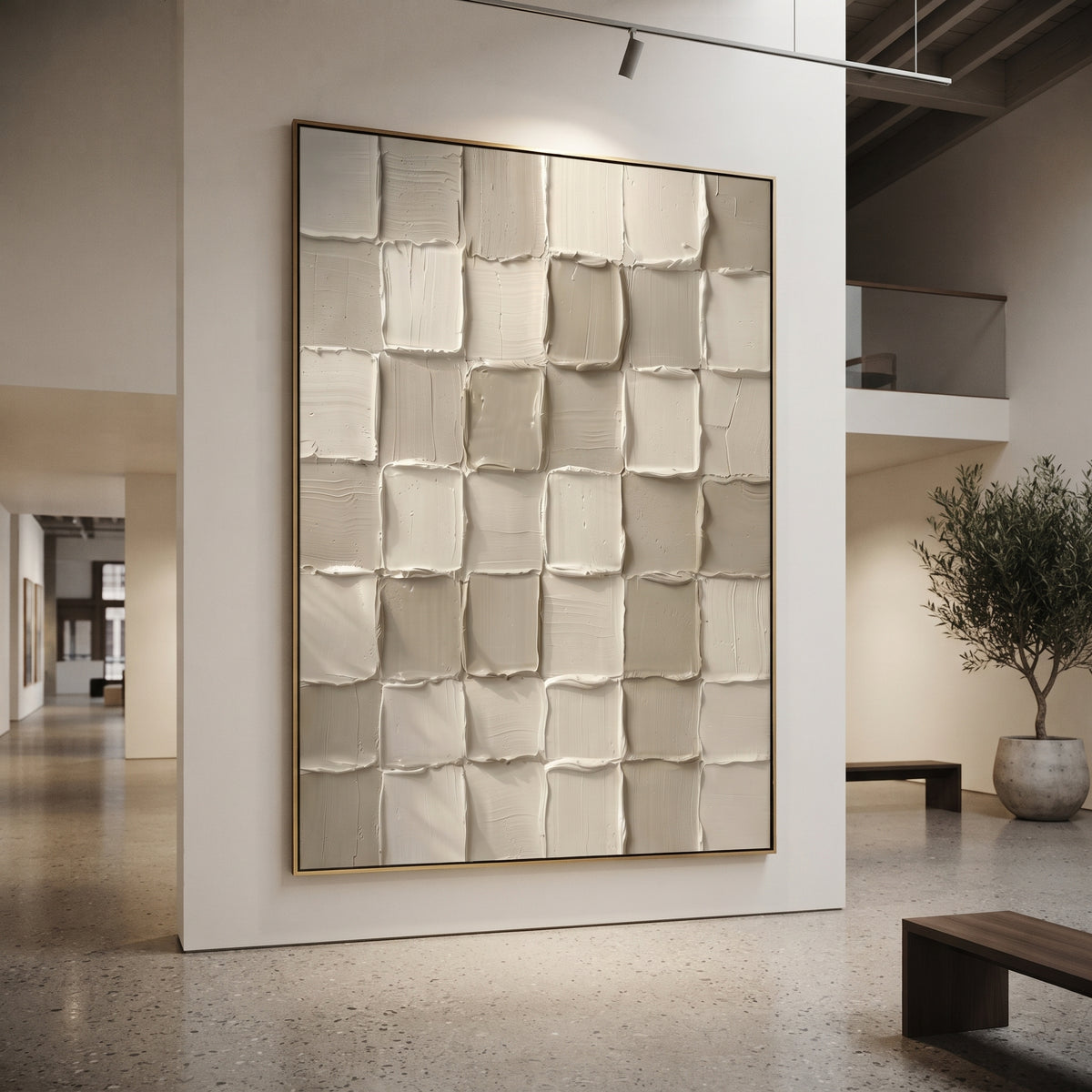 Soft Neutral Flow Relief focuses on this hand-painted vertical textured canvas presents soft beige and ivory plaster movement, broad flowing ridges, and a calm abstract surface with warm neutral depth. The composition is described from the actual main image, so the visible subject, color balance, spacing, and surface movement stay specific to this product instead of reading like a batch title. Raised palette-knife layers, sculpted impasto ridges, softened brush transitions, and tactile handmade