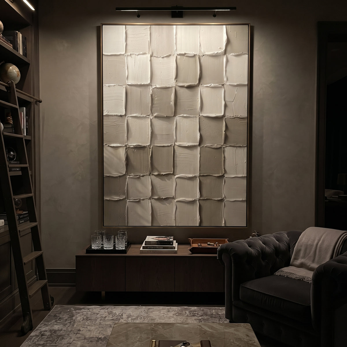 Soft Neutral Flow Relief focuses on this hand-painted vertical textured canvas presents soft beige and ivory plaster movement, broad flowing ridges, and a calm abstract surface with warm neutral depth. The composition is described from the actual main image, so the visible subject, color balance, spacing, and surface movement stay specific to this product instead of reading like a batch title. Raised palette-knife layers, sculpted impasto ridges, softened brush transitions, and tactile handmade
