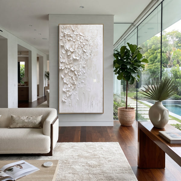 "White Textured Plaster Relief" - Modern Heavy Impasto Abstract Artwork | White & Beige Palette Knife Painting | Luxury Vertical Wall Art #PT 1706