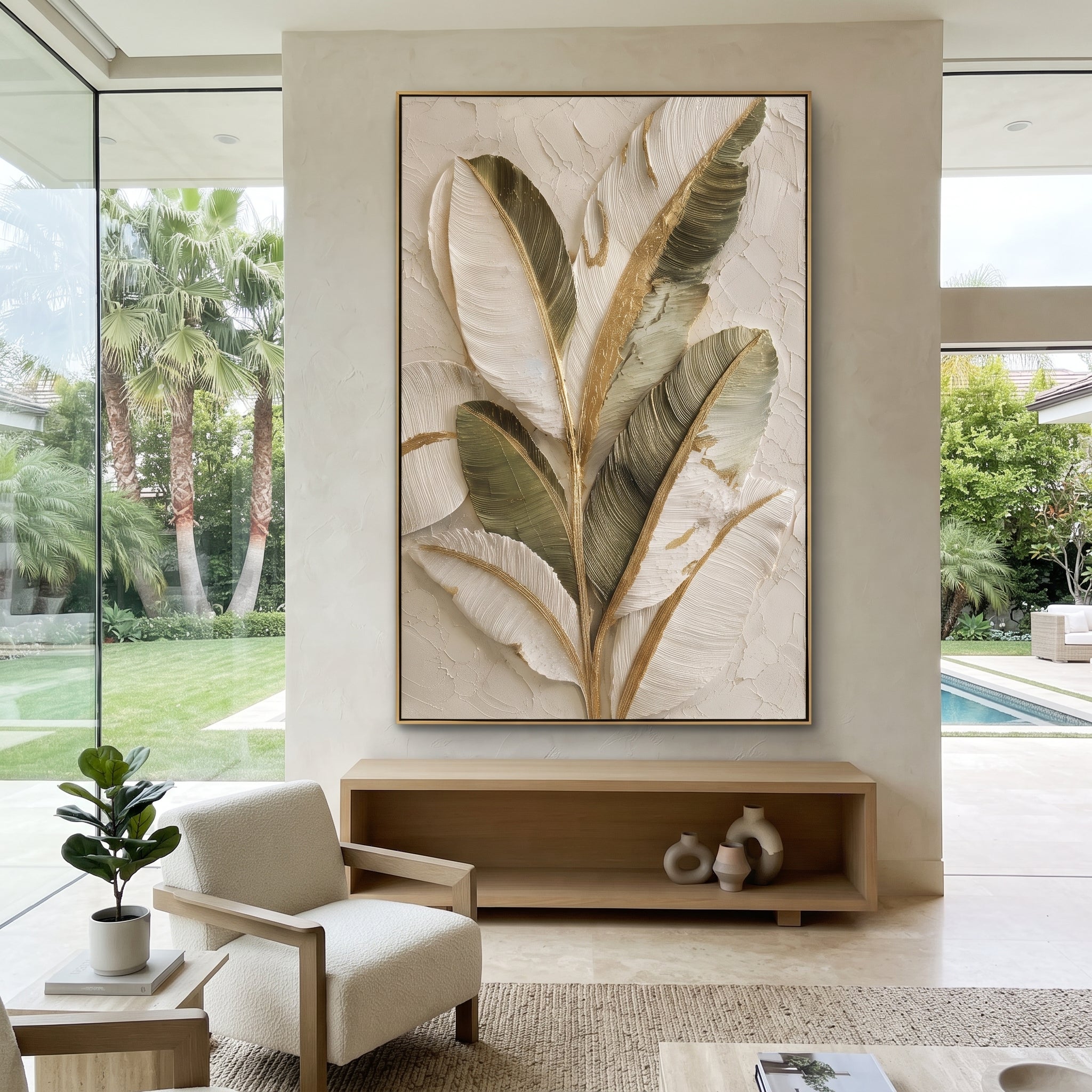 Warm Beige Plaster Relief focuses on this hand-painted vertical textured canvas features warm beige, ivory, and brown abstract plaster layers with raised knife marks and quiet sculptural surface movement. The composition is described from the actual main image, so the visible subject, color balance, spacing, and surface movement stay specific to this product instead of reading like a batch title. Raised palette-knife layers, sculpted impasto ridges, softened brush transitions, and tactile