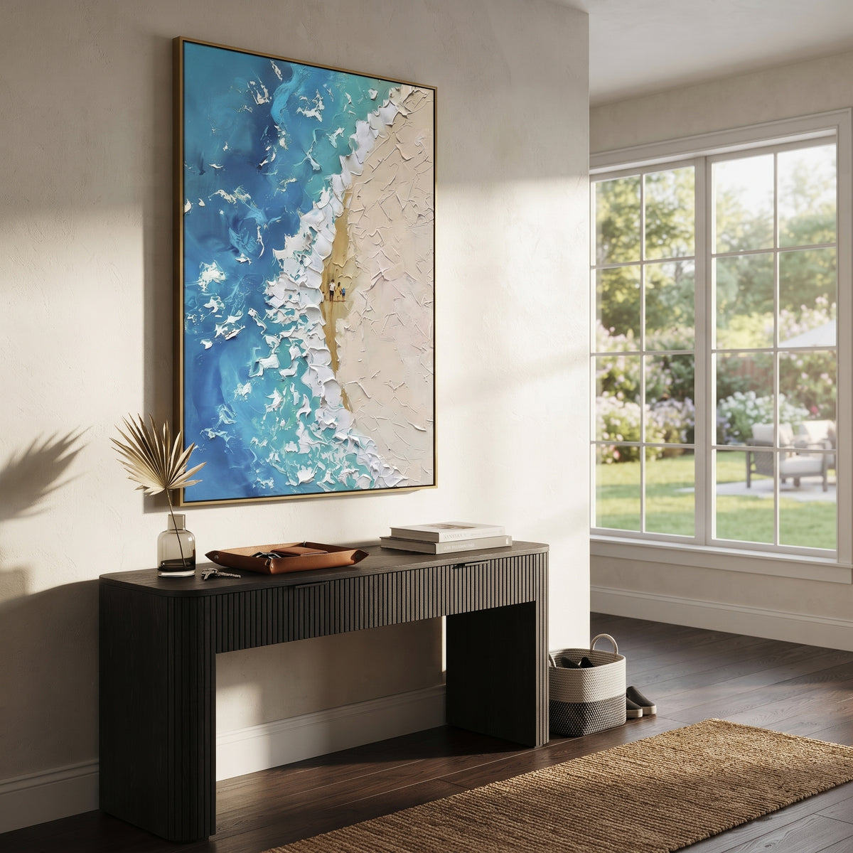Blue Coastal Wave Relief focuses on this hand-painted vertical textured canvas presents blue and white coastal wave movement with raised foam, beige undertones, and layered palette-knife sea texture. The composition is described from the actual main image, so the visible subject, color balance, spacing, and surface movement stay specific to this product instead of reading like a batch title. Raised palette-knife layers, sculpted impasto ridges, softened brush transitions, and tactile handmade