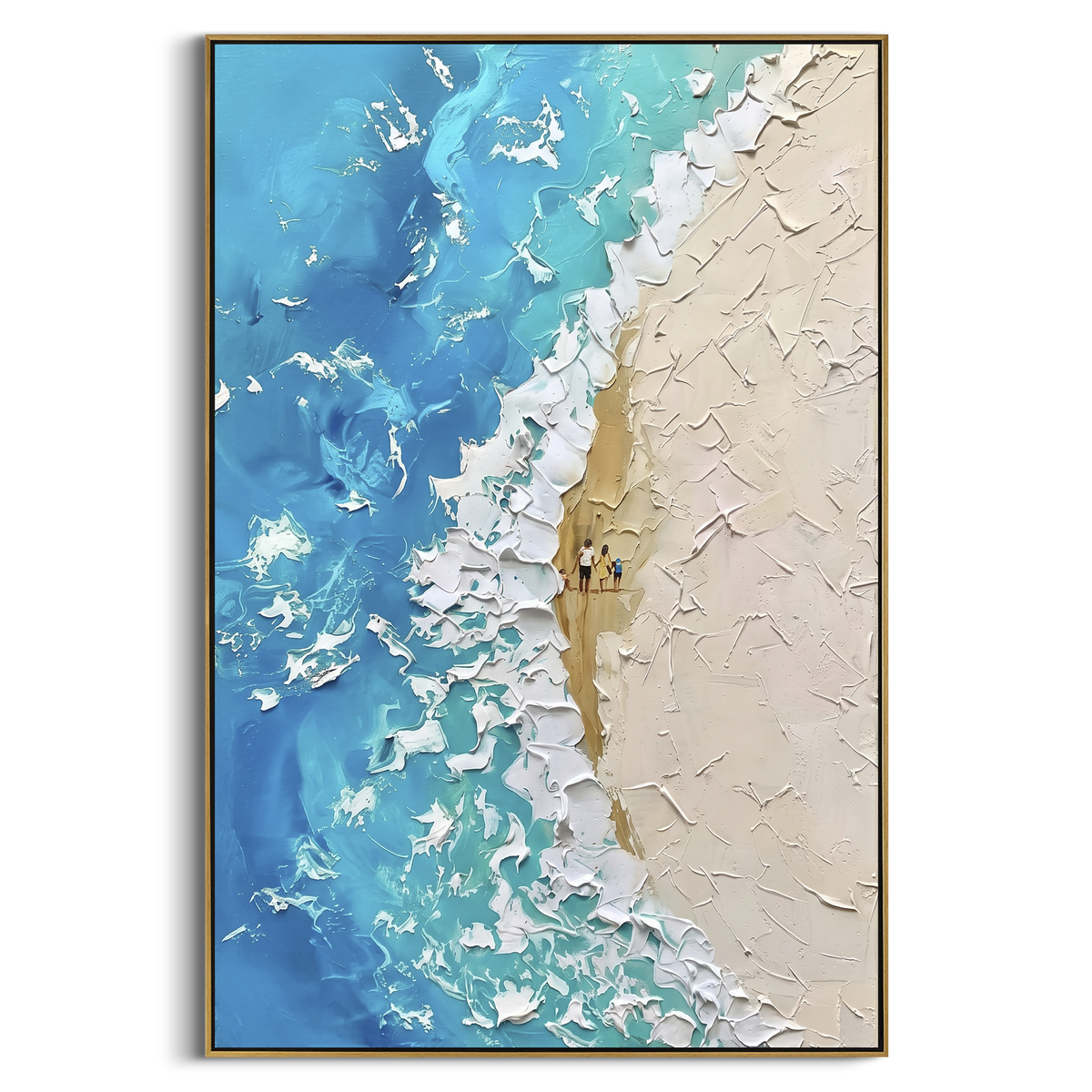 Blue Coastal Wave Relief focuses on this hand-painted vertical textured canvas presents blue and white coastal wave movement with raised foam, beige undertones, and layered palette-knife sea texture. The composition is described from the actual main image, so the visible subject, color balance, spacing, and surface movement stay specific to this product instead of reading like a batch title. Raised palette-knife layers, sculpted impasto ridges, softened brush transitions, and tactile handmade