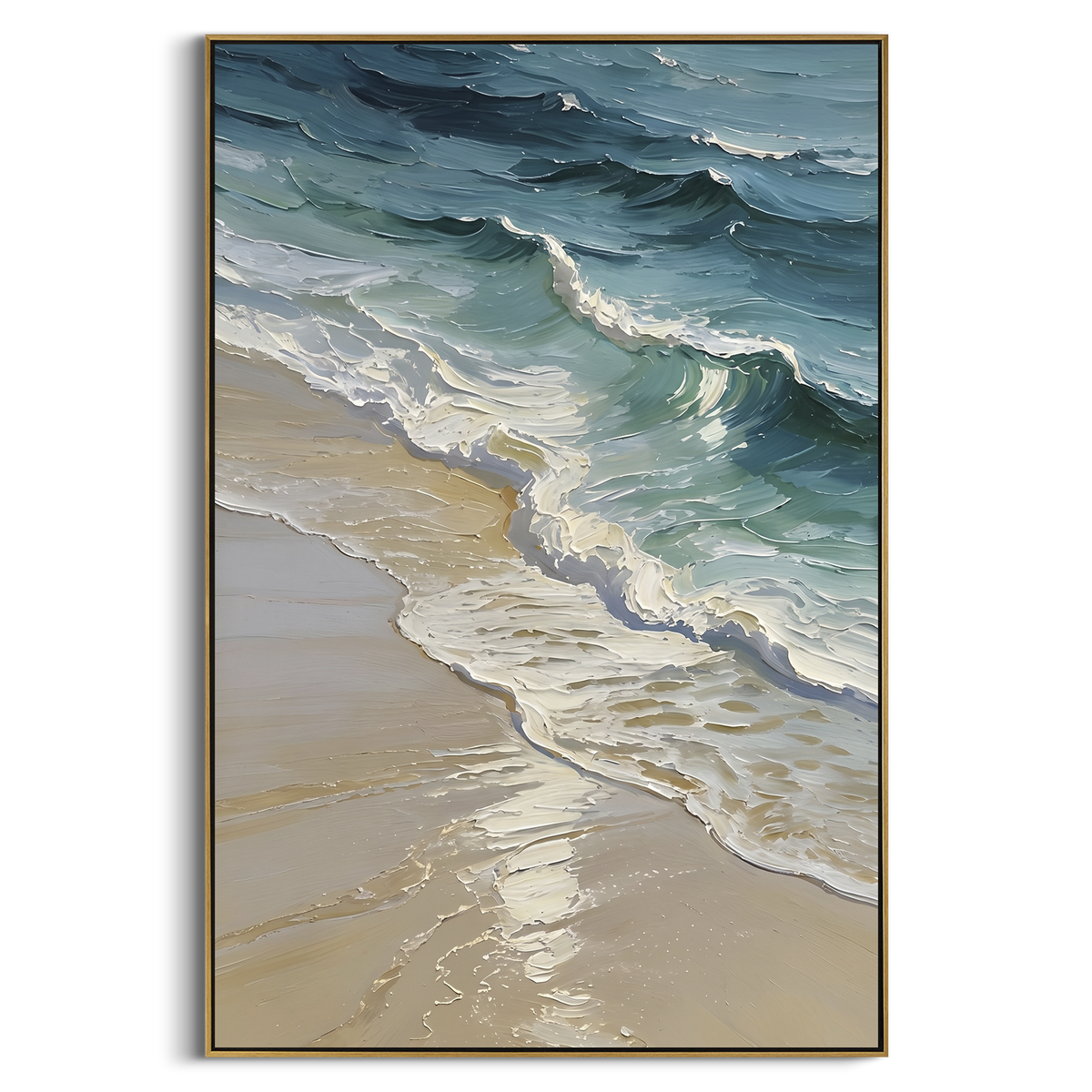 Vivid Ocean Wave Relief focuses on this hand-painted vertical textured canvas features vivid blue ocean waves, thick white surf, warm highlights, and expressive raised impasto movement. The composition is described from the actual main image, so the visible subject, color balance, spacing, and surface movement stay specific to this product instead of reading like a batch title. Raised palette-knife layers, sculpted impasto ridges, softened brush transitions, and tactile handmade texture give the