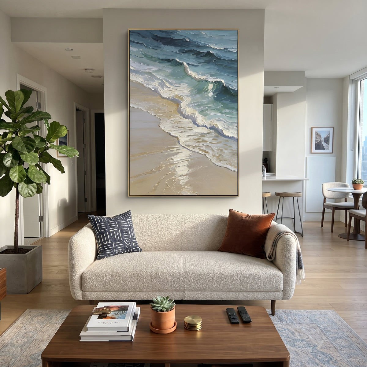 Vivid Ocean Wave Relief focuses on this hand-painted vertical textured canvas features vivid blue ocean waves, thick white surf, warm highlights, and expressive raised impasto movement. The composition is described from the actual main image, so the visible subject, color balance, spacing, and surface movement stay specific to this product instead of reading like a batch title. Raised palette-knife layers, sculpted impasto ridges, softened brush transitions, and tactile handmade texture give the