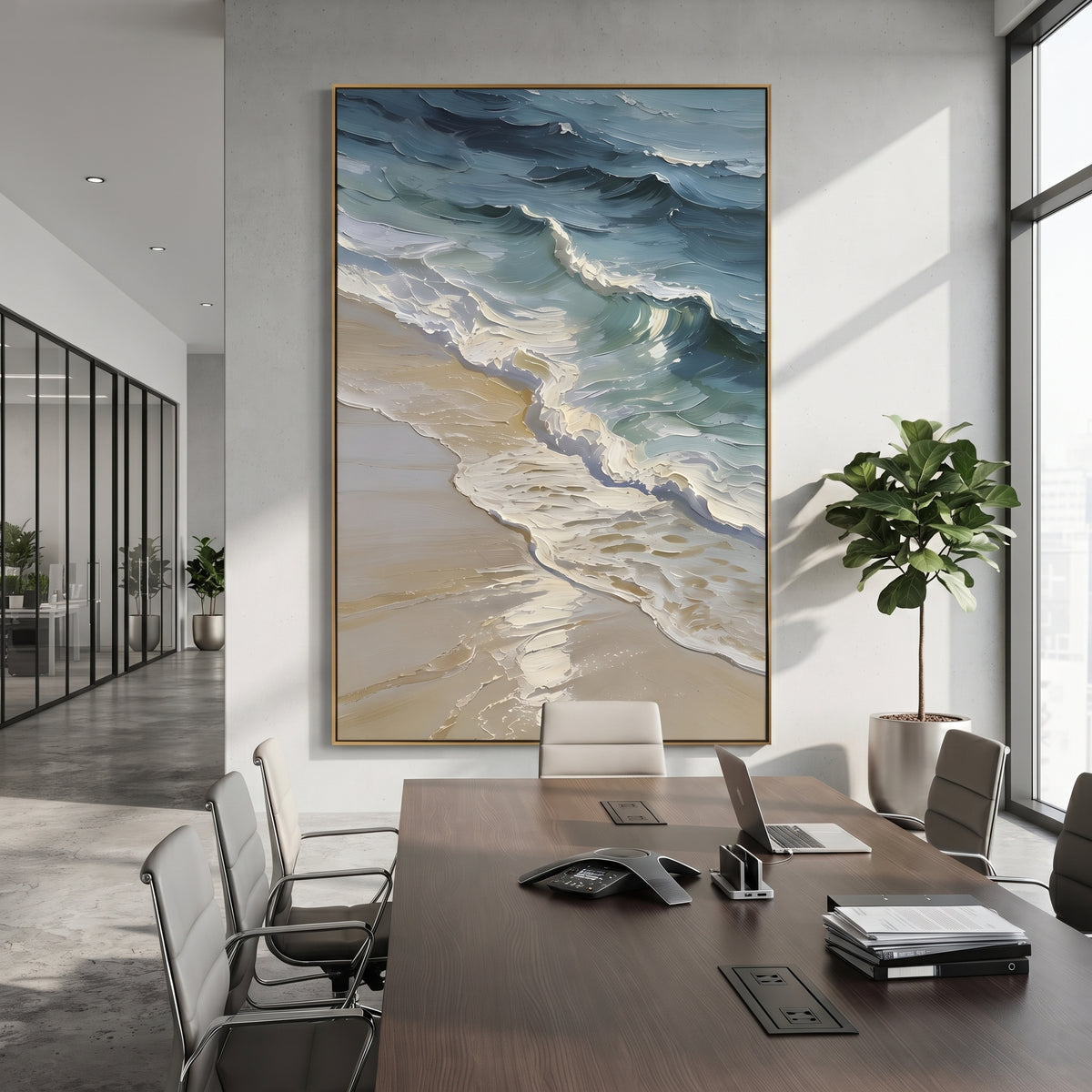 Vivid Ocean Wave Relief focuses on this hand-painted vertical textured canvas features vivid blue ocean waves, thick white surf, warm highlights, and expressive raised impasto movement. The composition is described from the actual main image, so the visible subject, color balance, spacing, and surface movement stay specific to this product instead of reading like a batch title. Raised palette-knife layers, sculpted impasto ridges, softened brush transitions, and tactile handmade texture give the