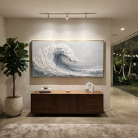 Neutral Layered Abstract Relief focuses on this hand-painted panoramic textured canvas features black, ivory, beige, and grey layered plaster forms, carved edges, and a quiet abstract composition with architectural surface depth. The composition is described from the actual main image, so the visible subject, color balance, spacing, and surface movement stay specific to this product instead of reading like a batch title. Raised palette-knife layers, sculpted impasto ridges, softened brush