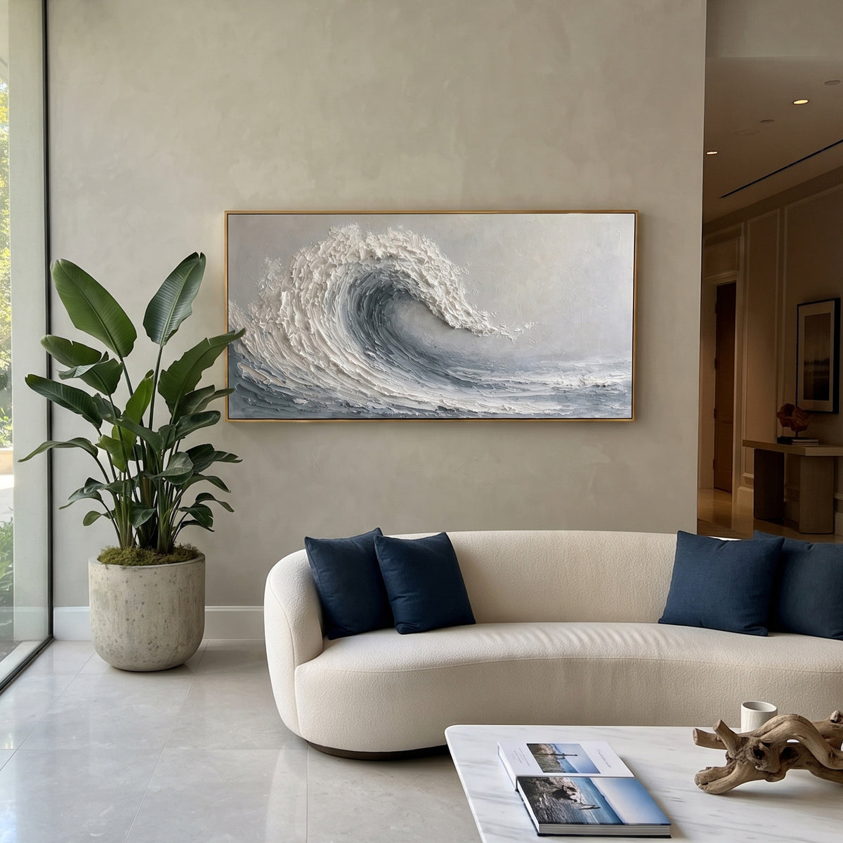 Neutral Layered Abstract Relief focuses on this hand-painted panoramic textured canvas features black, ivory, beige, and grey layered plaster forms, carved edges, and a quiet abstract composition with architectural surface depth. The composition is described from the actual main image, so the visible subject, color balance, spacing, and surface movement stay specific to this product instead of reading like a batch title. Raised palette-knife layers, sculpted impasto ridges, softened brush
