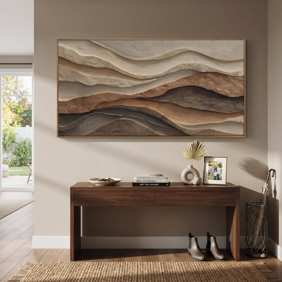 Warm Layered Terrain Relief focuses on this hand-painted panoramic textured canvas presents warm orange-brown, black, beige, and ivory plaster layers with carved terrain-like movement and raised abstract depth. The composition is described from the actual main image, so the visible subject, color balance, spacing, and surface movement stay specific to this product instead of reading like a batch title. Raised palette-knife layers, sculpted impasto ridges, softened brush transitions, and tactile