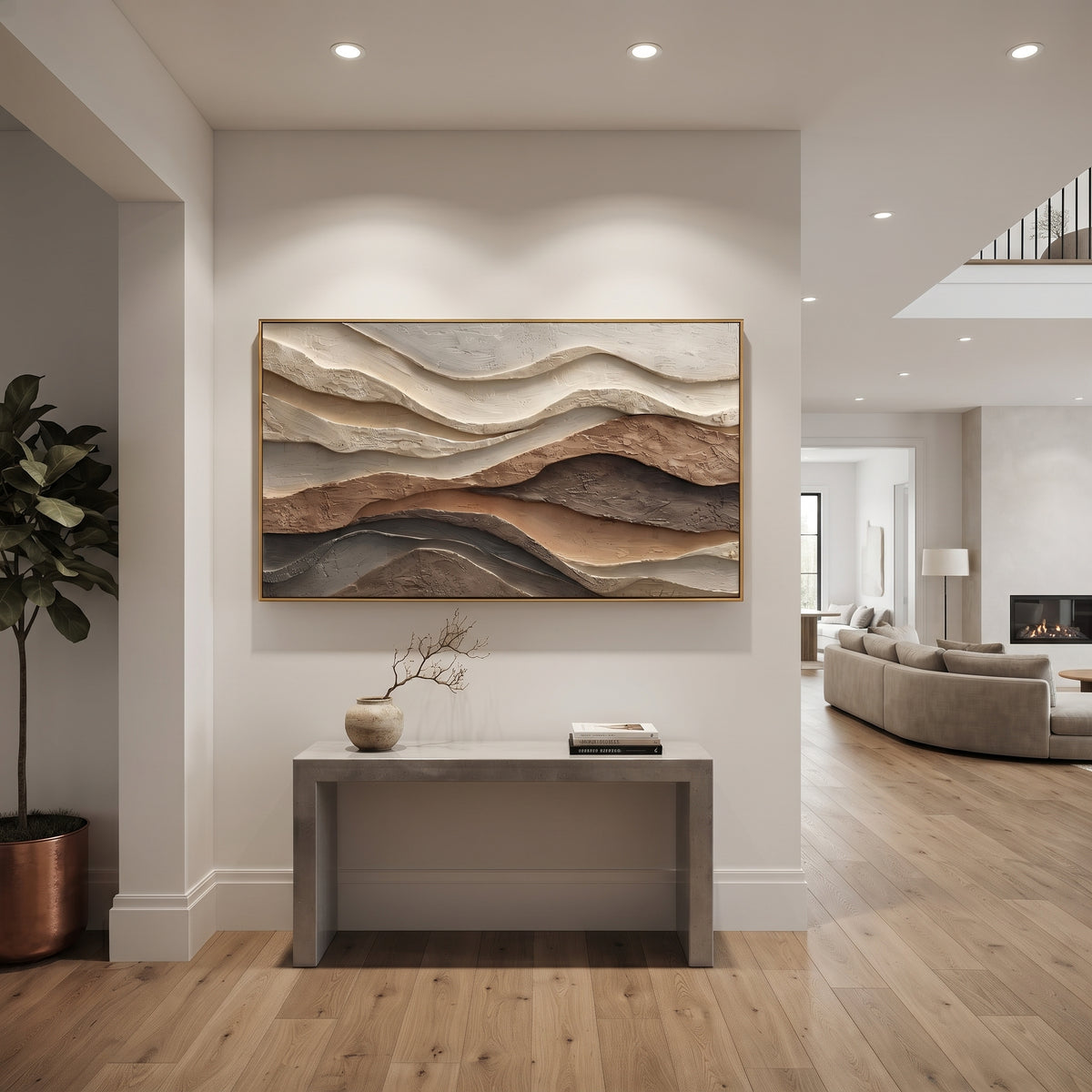 Warm Layered Terrain Relief focuses on this hand-painted panoramic textured canvas presents warm orange-brown, black, beige, and ivory plaster layers with carved terrain-like movement and raised abstract depth. The composition is described from the actual main image, so the visible subject, color balance, spacing, and surface movement stay specific to this product instead of reading like a batch title. Raised palette-knife layers, sculpted impasto ridges, softened brush transitions, and tactile