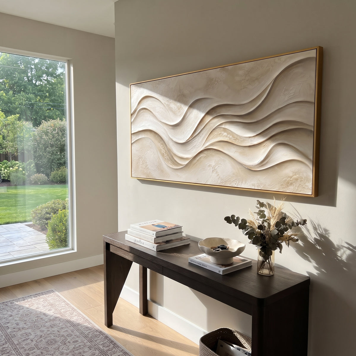 Warm Graphic Abstract Relief focuses on this hand-painted panoramic textured canvas features warm orange, black, and white abstract blocks with raised plaster texture, energetic movement, and modern graphic balance. The composition is described from the actual main image, so the visible subject, color balance, spacing, and surface movement stay specific to this product instead of reading like a batch title. Raised palette-knife layers, sculpted impasto ridges, softened brush transitions, and