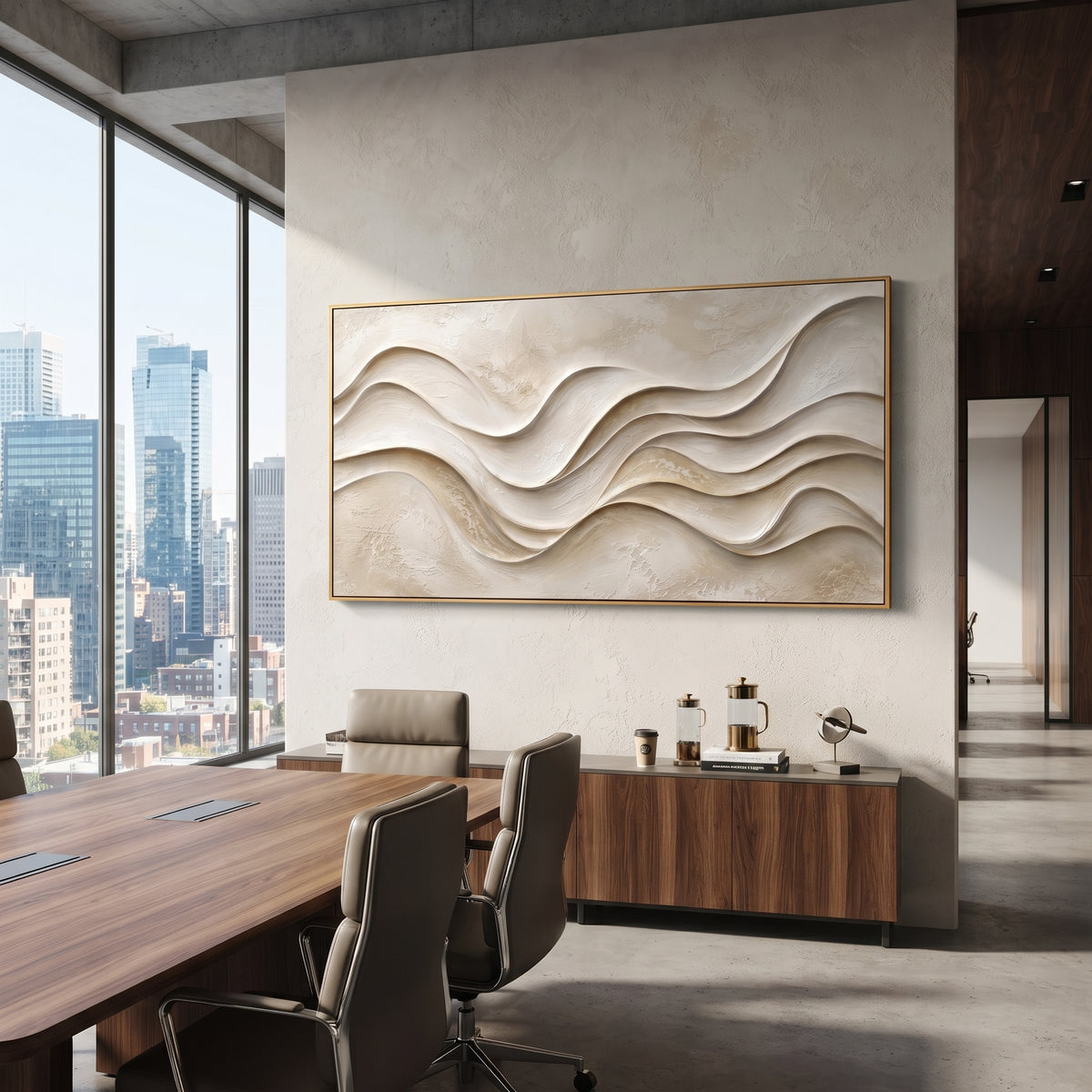 Warm Graphic Abstract Relief focuses on this hand-painted panoramic textured canvas features warm orange, black, and white abstract blocks with raised plaster texture, energetic movement, and modern graphic balance. The composition is described from the actual main image, so the visible subject, color balance, spacing, and surface movement stay specific to this product instead of reading like a batch title. Raised palette-knife layers, sculpted impasto ridges, softened brush transitions, and