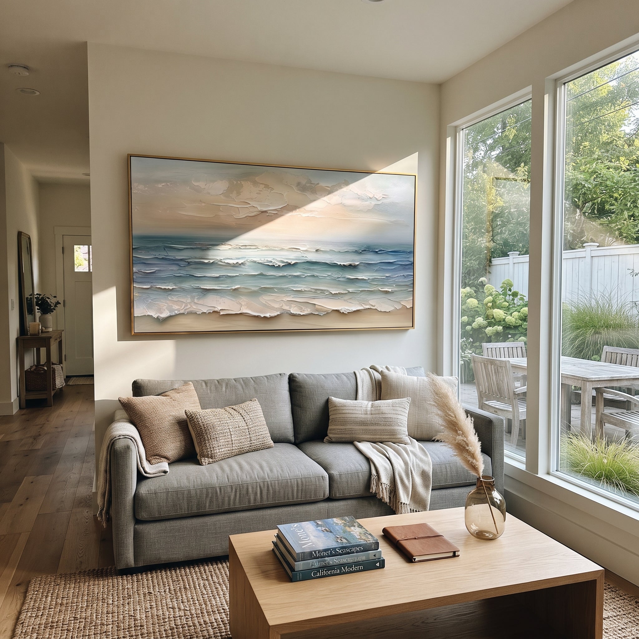 Soft Horizon Ocean Relief focuses on this hand-painted textured canvas features quiet layered ocean waves, pale sky, sandy shoreline tones, and sculptural seafoam ridges. The composition is described from the actual main image, so the visible subject, color balance, spacing, and surface movement stay specific to this product instead of reading like a batch title. Raised palette-knife layers, sculpted impasto ridges, softened brush transitions, and tactile handmade texture give the canvas