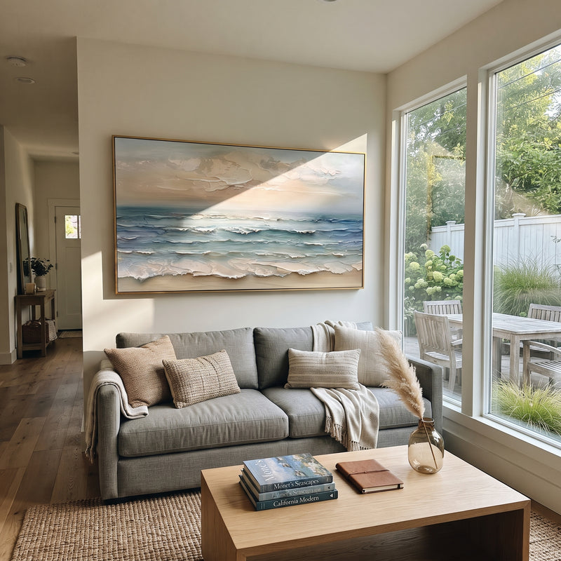 "Soft Horizon Ocean Relief" - Modern Heavy Impasto Coastal Landscape | Blue & Beige Palette Knife Painting | Luxury Horizontal Wall Art #PT 1714