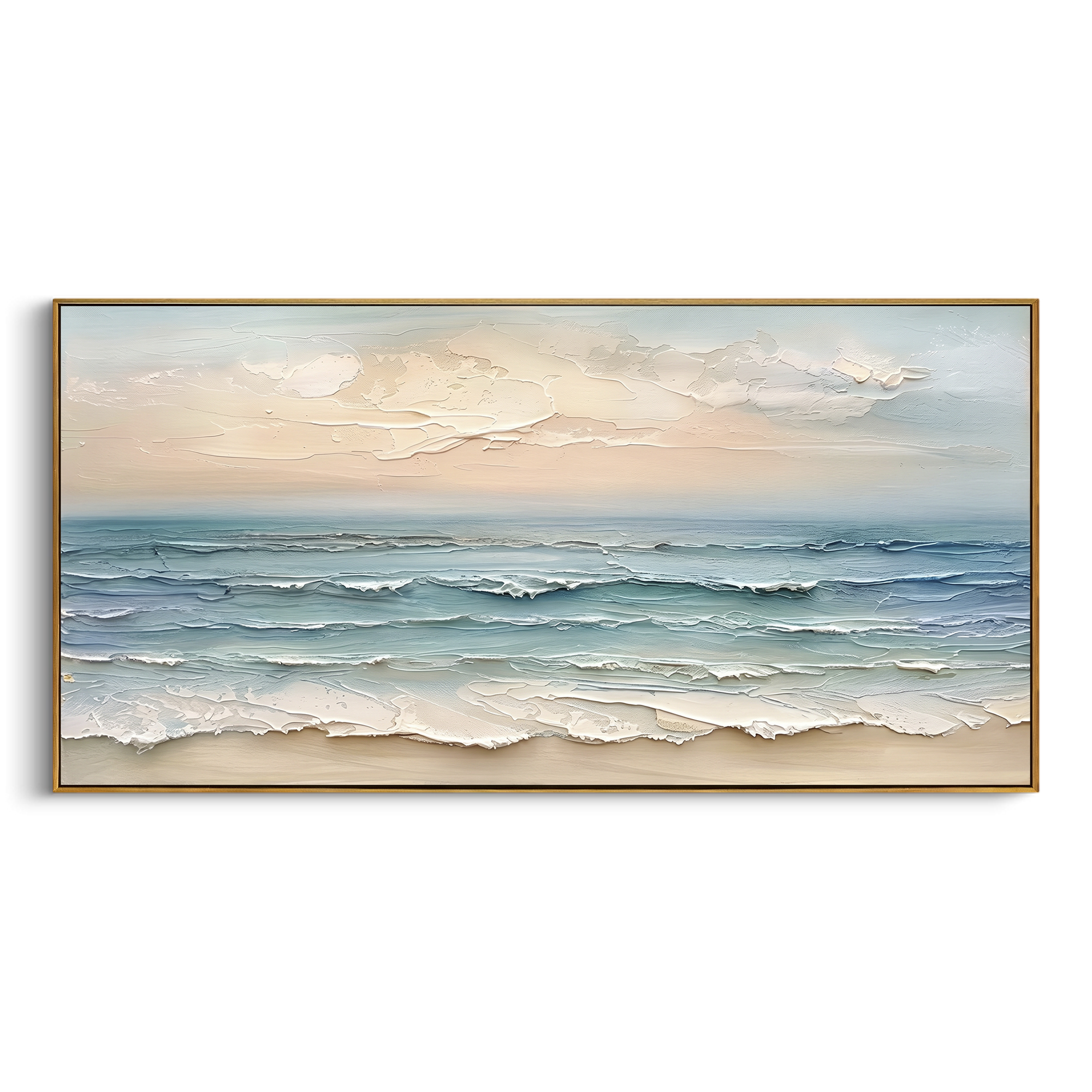 Soft Horizon Ocean Relief focuses on this hand-painted textured canvas features quiet layered ocean waves, pale sky, sandy shoreline tones, and sculptural seafoam ridges. The composition is described from the actual main image, so the visible subject, color balance, spacing, and surface movement stay specific to this product instead of reading like a batch title. Raised palette-knife layers, sculpted impasto ridges, softened brush transitions, and tactile handmade texture give the canvas