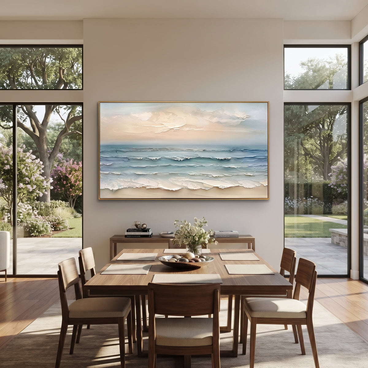 Soft Horizon Ocean Relief focuses on this hand-painted textured canvas features quiet layered ocean waves, pale sky, sandy shoreline tones, and sculptural seafoam ridges. The composition is described from the actual main image, so the visible subject, color balance, spacing, and surface movement stay specific to this product instead of reading like a batch title. Raised palette-knife layers, sculpted impasto ridges, softened brush transitions, and tactile handmade texture give the canvas