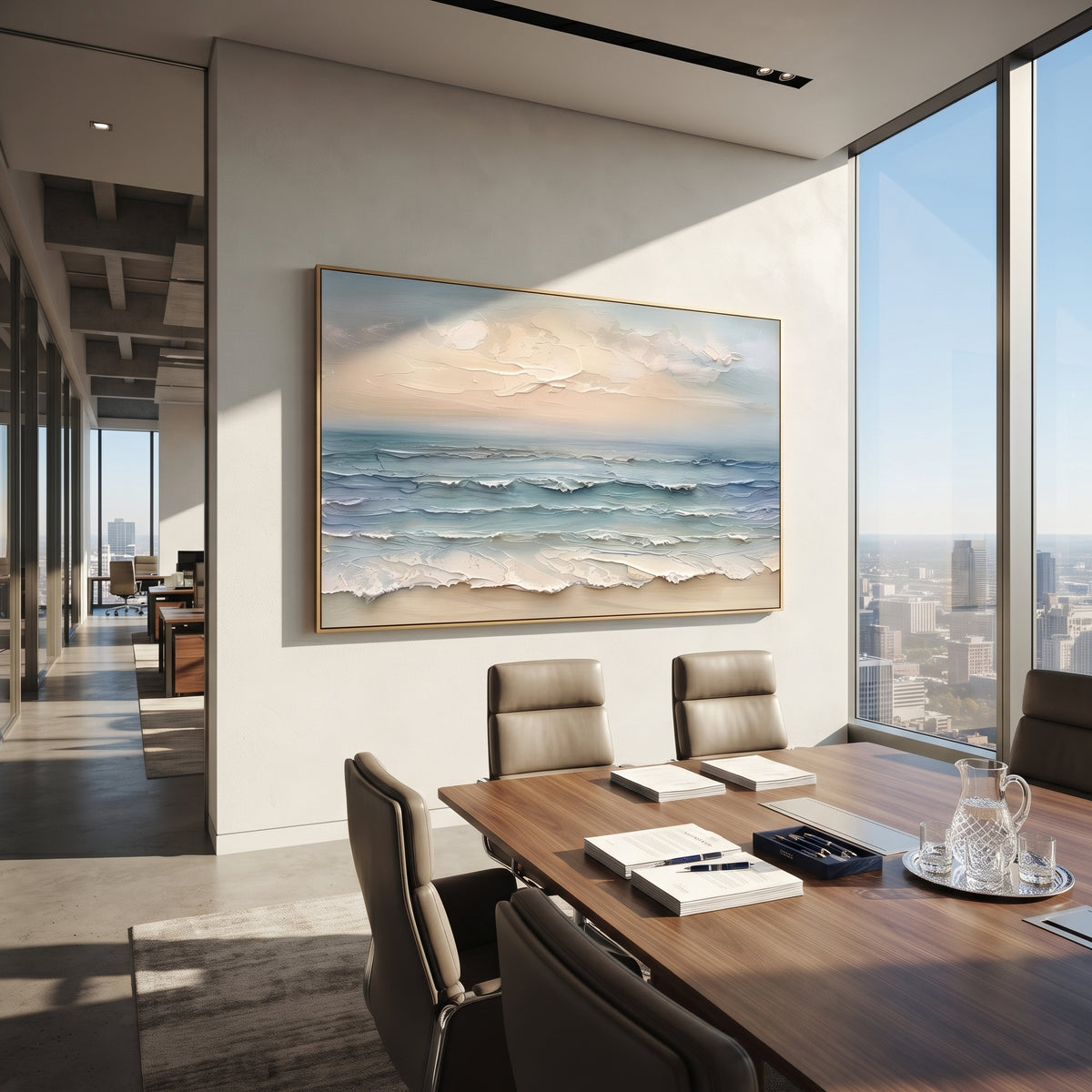 Soft Horizon Ocean Relief focuses on this hand-painted textured canvas features quiet layered ocean waves, pale sky, sandy shoreline tones, and sculptural seafoam ridges. The composition is described from the actual main image, so the visible subject, color balance, spacing, and surface movement stay specific to this product instead of reading like a batch title. Raised palette-knife layers, sculpted impasto ridges, softened brush transitions, and tactile handmade texture give the canvas