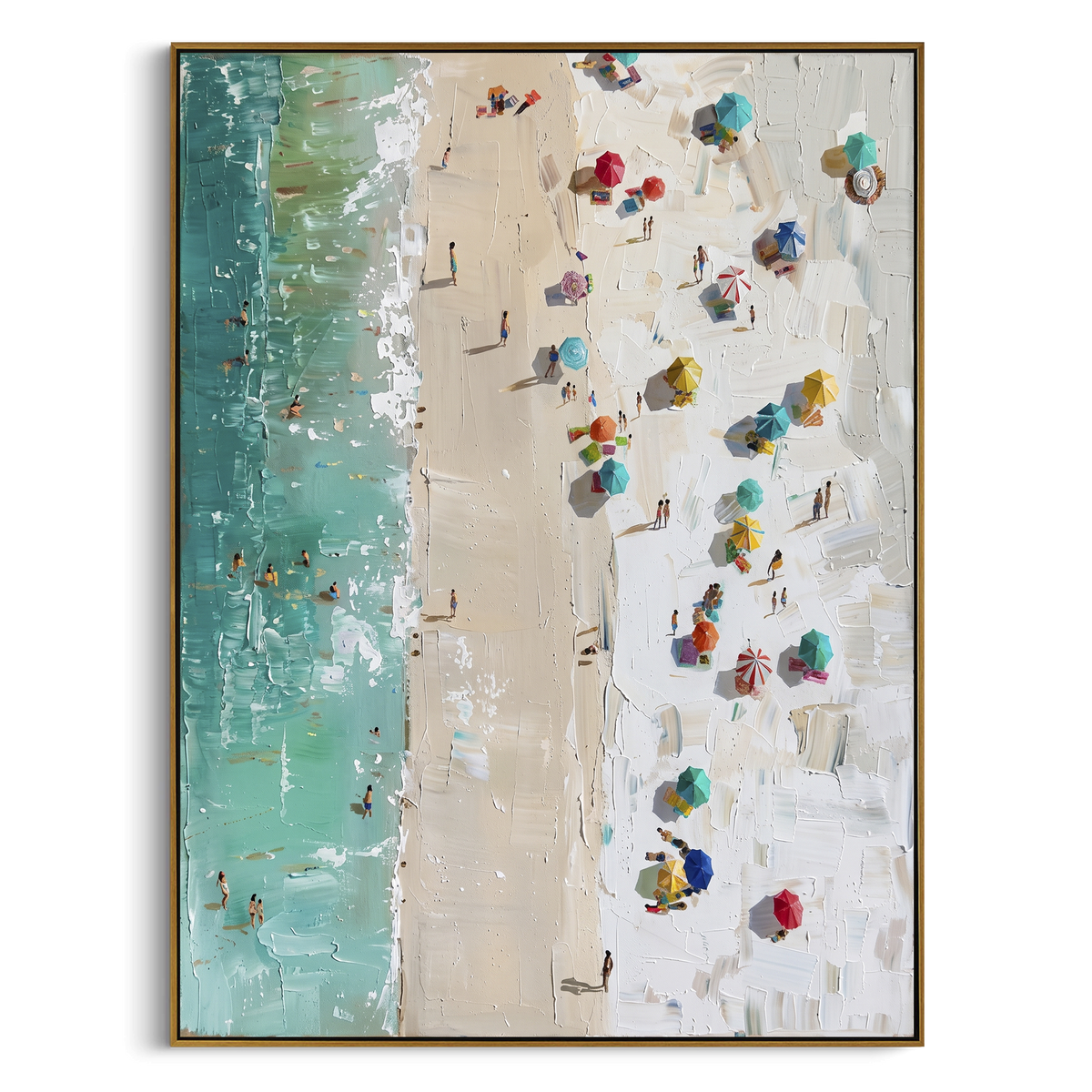"Aerial Umbrella Beach Relief" - Modern Heavy Impasto Coastal Landscape | Blue & Beige Palette Knife Painting | Luxury Vertical Wall Art #PT 1715