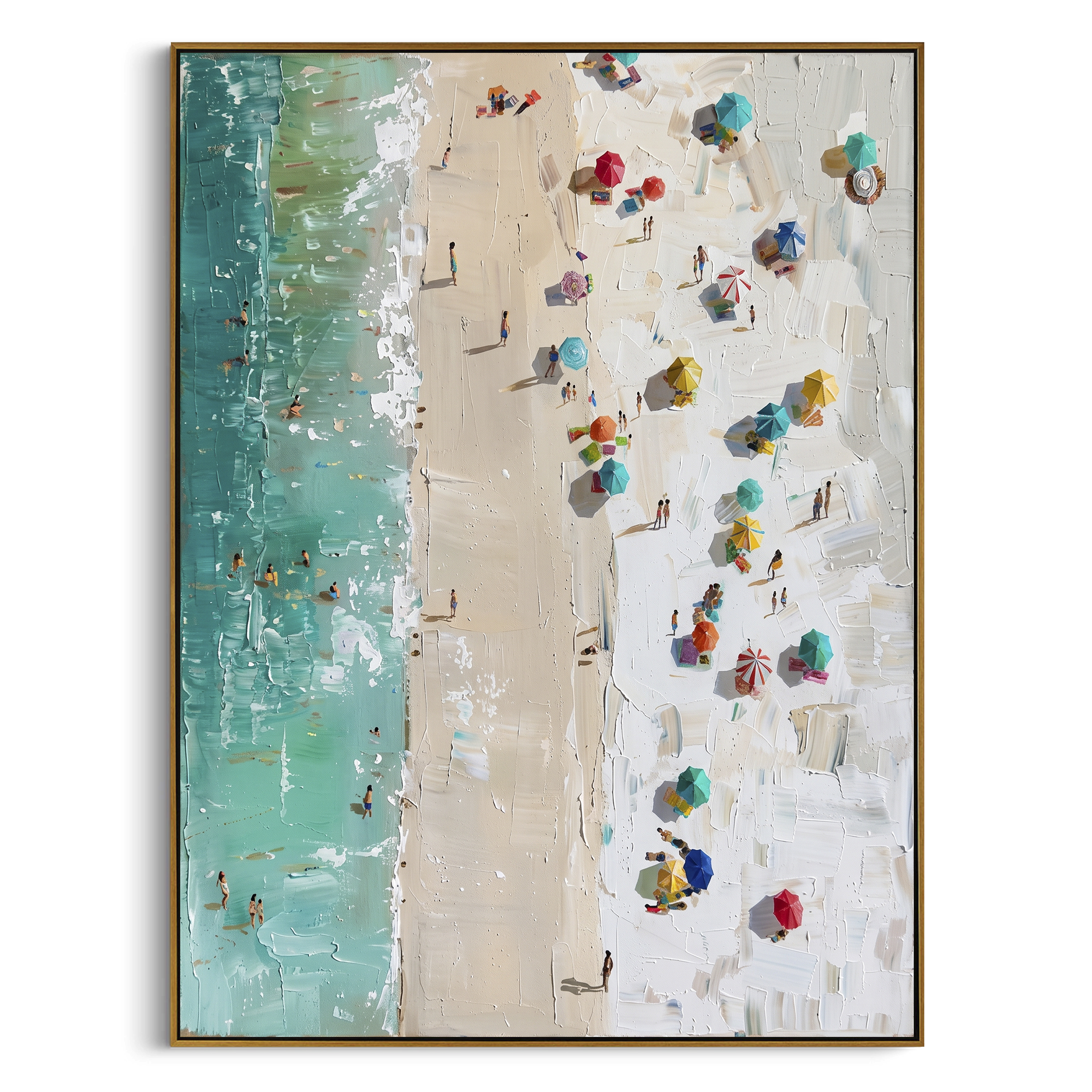 Aerial Umbrella Beach Relief focuses on this hand-painted textured canvas features a top-down beach scene with turquoise water, sandy shoreline, colorful umbrellas, small swimmers, and raised plaster beach texture. The composition is described from the actual main image, so the visible subject, color balance, spacing, and surface movement stay specific to this product instead of reading like a batch title. Raised palette-knife layers, sculpted impasto ridges, softened brush transitions, and