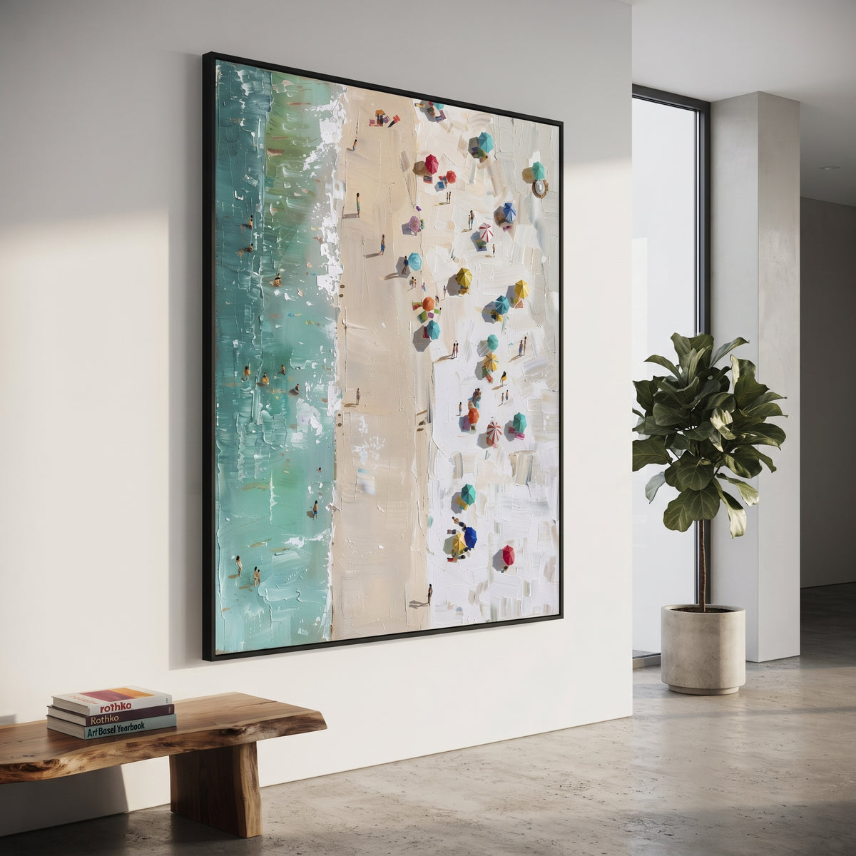 Aerial Umbrella Beach Relief focuses on this hand-painted textured canvas features a top-down beach scene with turquoise water, sandy shoreline, colorful umbrellas, small swimmers, and raised plaster beach texture. The composition is described from the actual main image, so the visible subject, color balance, spacing, and surface movement stay specific to this product instead of reading like a batch title. Raised palette-knife layers, sculpted impasto ridges, softened brush transitions, and