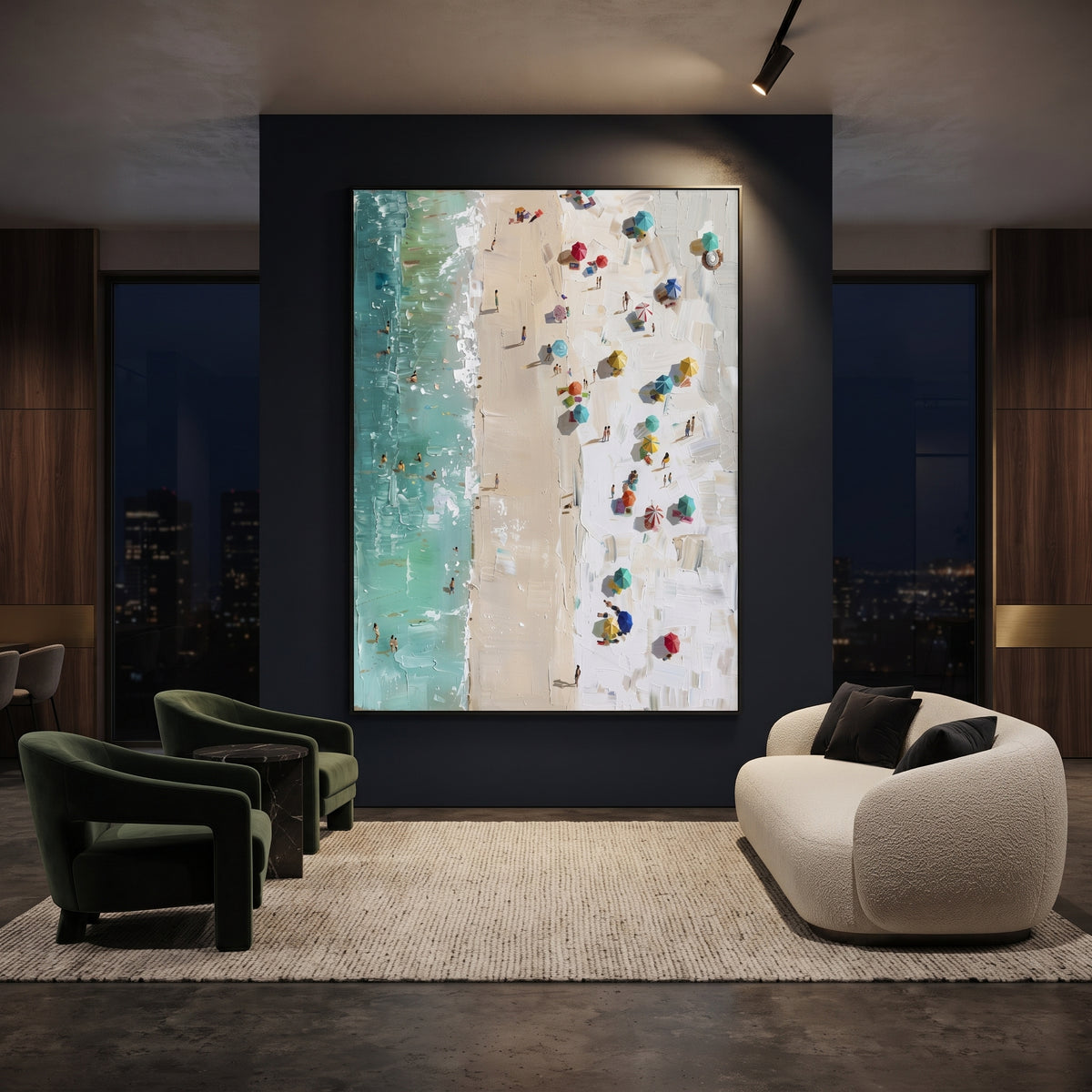 Aerial Umbrella Beach Relief focuses on this hand-painted textured canvas features a top-down beach scene with turquoise water, sandy shoreline, colorful umbrellas, small swimmers, and raised plaster beach texture. The composition is described from the actual main image, so the visible subject, color balance, spacing, and surface movement stay specific to this product instead of reading like a batch title. Raised palette-knife layers, sculpted impasto ridges, softened brush transitions, and