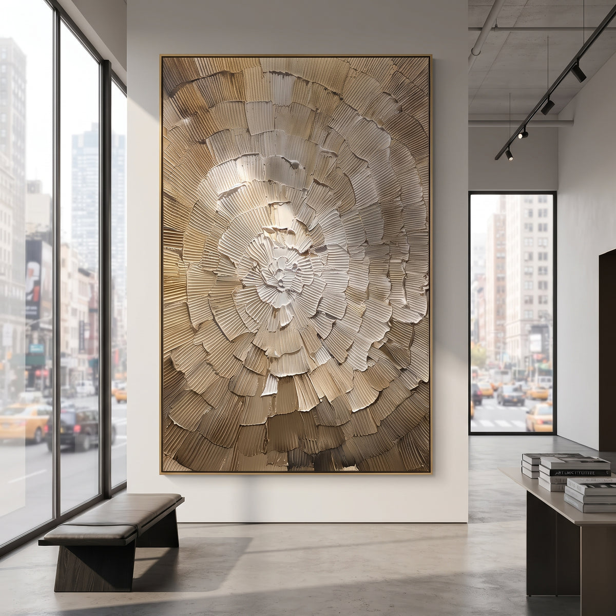 Golden Radial Shell Relief focuses on this hand-painted textured canvas features a fan-like radial shell pattern, carved ribbed plaster marks, warm gold shading, and layered white beige relief texture. The composition is described from the actual main image, so the visible subject, color balance, spacing, and surface movement stay specific to this product instead of reading like a batch title. Raised palette-knife layers, sculpted impasto ridges, softened brush transitions, and tactile handmade