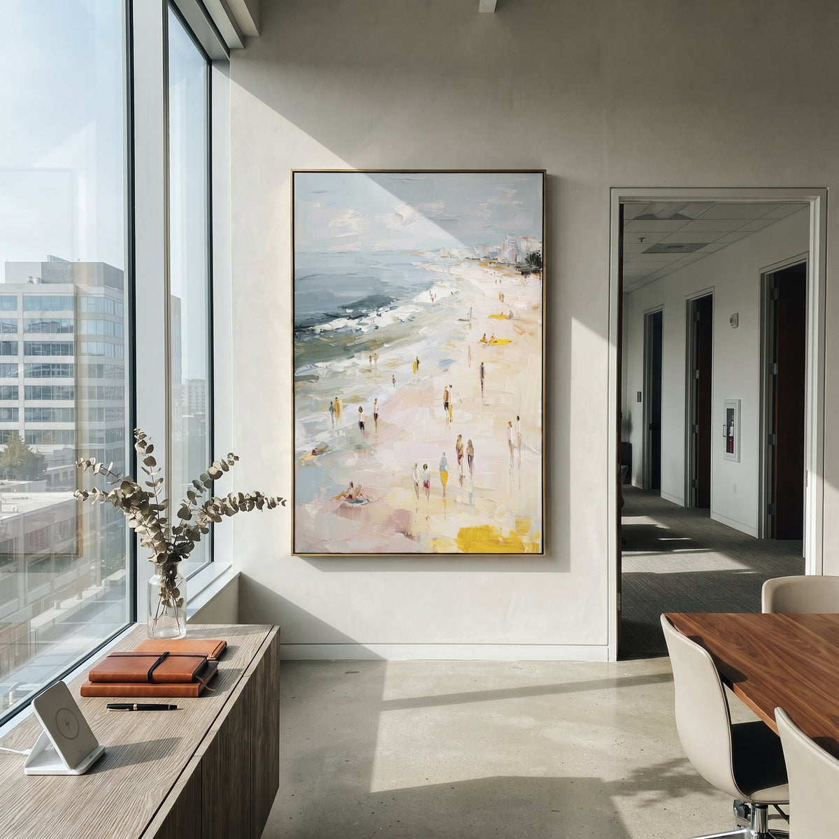 Soft City Beach Promenade focuses on this hand-painted textured canvas features a pale coastal promenade with distant city buildings, soft blue water, walking figures, yellow accents, and raised palette-knife beach texture. The composition is described from the actual main image, so the visible subject, color balance, spacing, and surface movement stay specific to this product instead of reading like a batch title. Raised palette-knife layers, sculpted impasto ridges, softened brush transitions