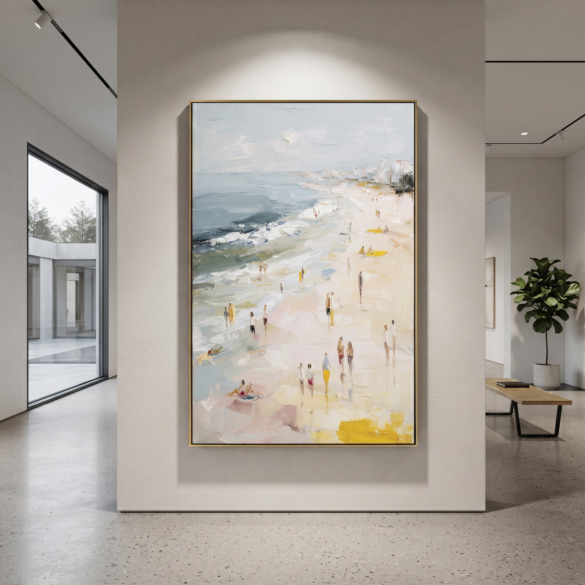 Soft City Beach Promenade focuses on this hand-painted textured canvas features a pale coastal promenade with distant city buildings, soft blue water, walking figures, yellow accents, and raised palette-knife beach texture. The composition is described from the actual main image, so the visible subject, color balance, spacing, and surface movement stay specific to this product instead of reading like a batch title. Raised palette-knife layers, sculpted impasto ridges, softened brush transitions