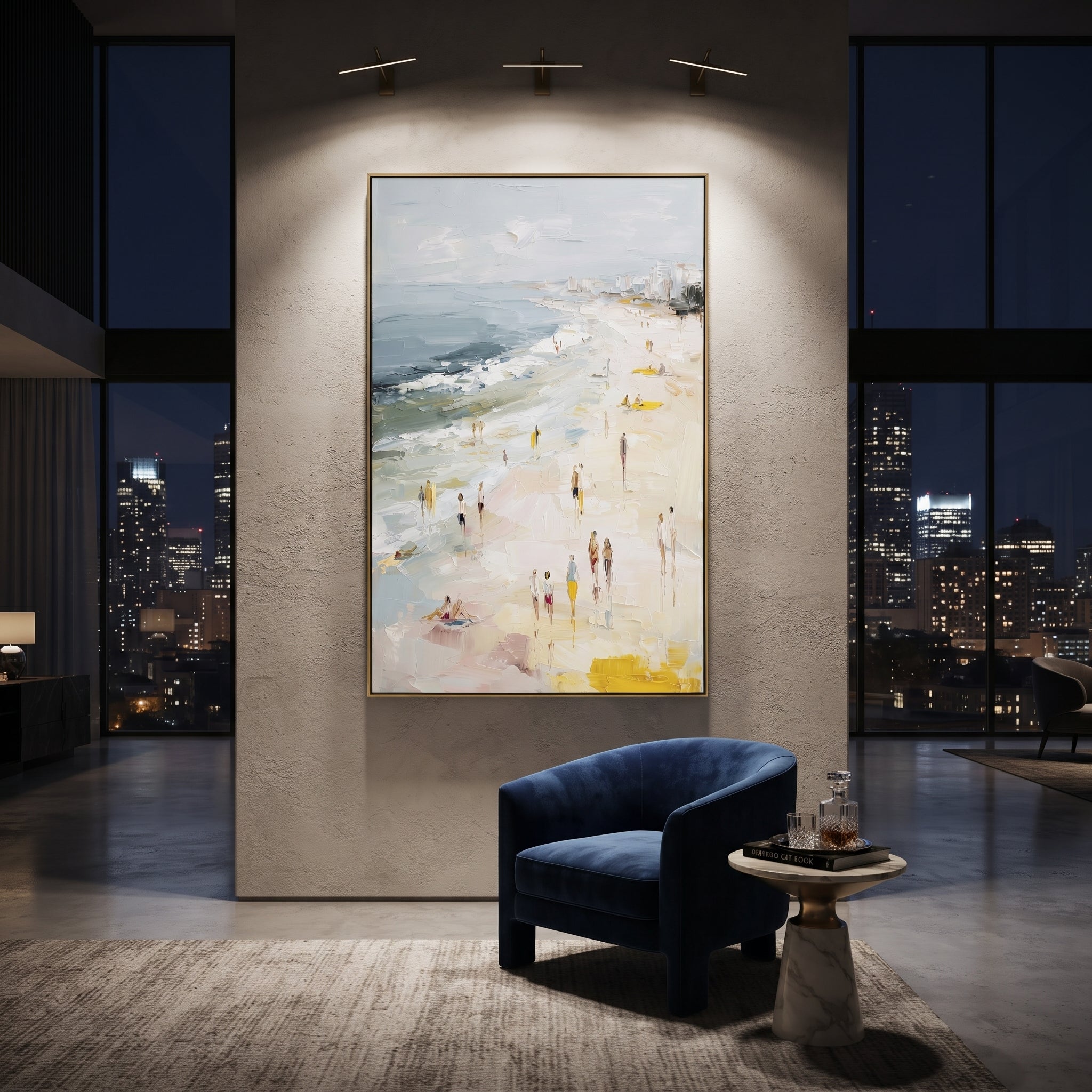 Soft City Beach Promenade focuses on this hand-painted textured canvas features a pale coastal promenade with distant city buildings, soft blue water, walking figures, yellow accents, and raised palette-knife beach texture. The composition is described from the actual main image, so the visible subject, color balance, spacing, and surface movement stay specific to this product instead of reading like a batch title. Raised palette-knife layers, sculpted impasto ridges, softened brush transitions