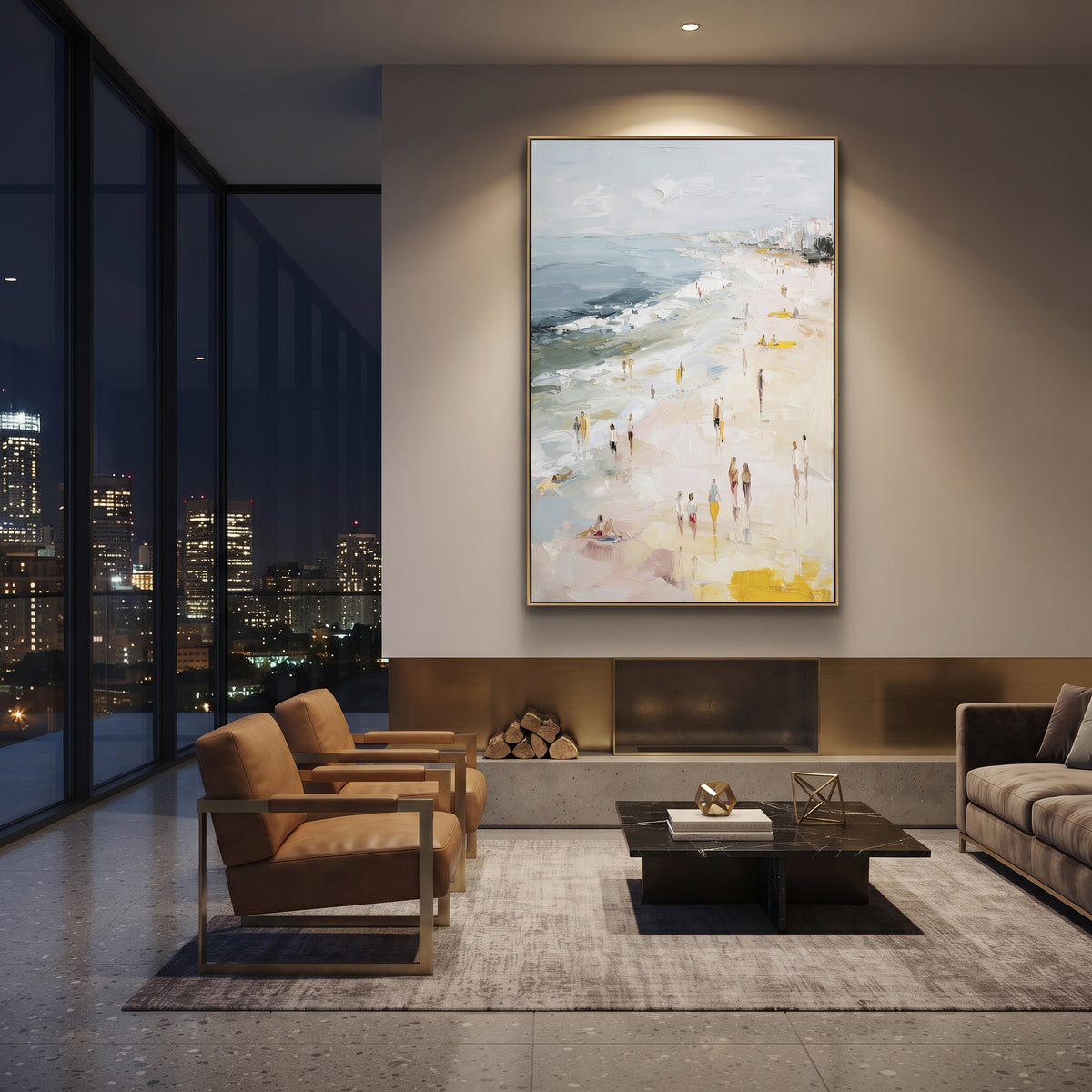 Soft City Beach Promenade focuses on this hand-painted textured canvas features a pale coastal promenade with distant city buildings, soft blue water, walking figures, yellow accents, and raised palette-knife beach texture. The composition is described from the actual main image, so the visible subject, color balance, spacing, and surface movement stay specific to this product instead of reading like a batch title. Raised palette-knife layers, sculpted impasto ridges, softened brush transitions