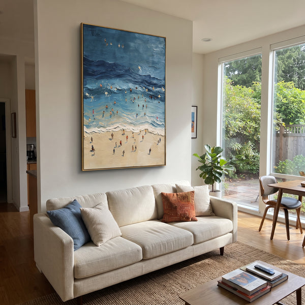 "Blue Swimmers Ocean Relief" - Modern Heavy Impasto Ocean Wave Seascape | Blue & Beige Palette Knife Painting | Luxury Vertical Wall Art #PT 1718