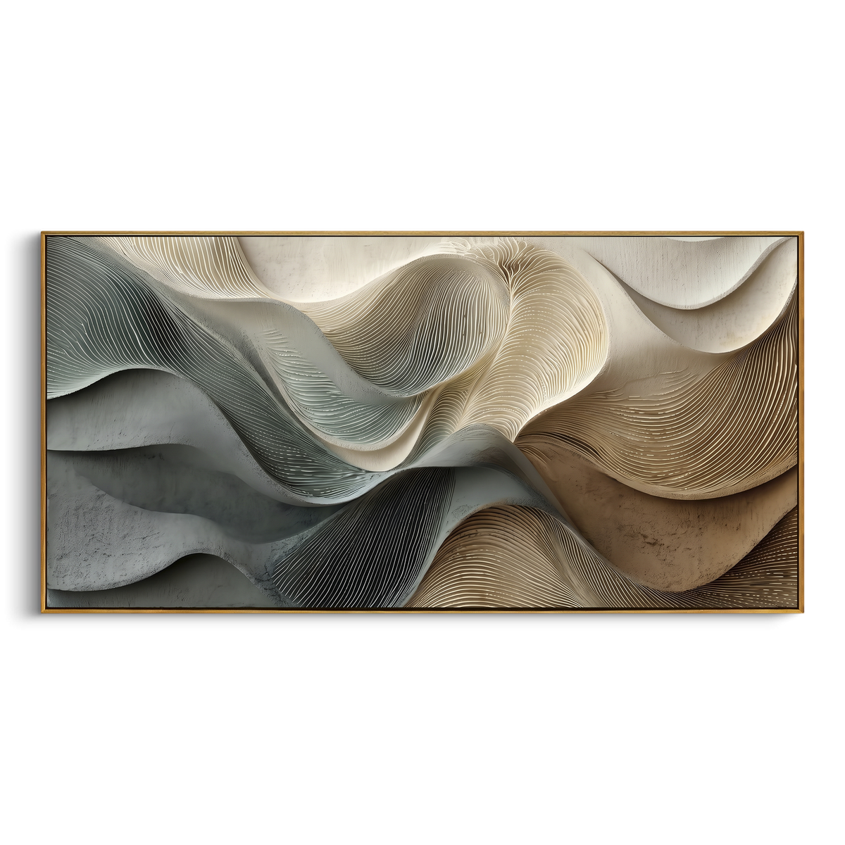 Neutral Ribbon Wave Relief focuses on this hand-painted textured canvas features flowing ribbon-like waves, fine carved contour lines, warm beige and grey shadows, and layered sculptural abstract relief. The composition is described from the actual main image, so the visible subject, color balance, spacing, and surface movement stay specific to this product instead of reading like a batch title. Raised palette-knife layers, sculpted impasto ridges, softened brush transitions, and tactile
