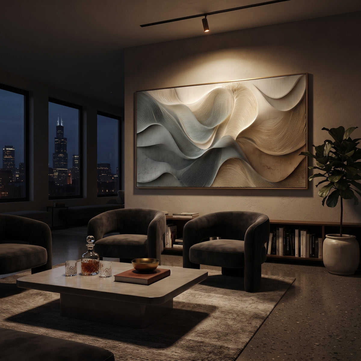 Neutral Ribbon Wave Relief focuses on this hand-painted textured canvas features flowing ribbon-like waves, fine carved contour lines, warm beige and grey shadows, and layered sculptural abstract relief. The composition is described from the actual main image, so the visible subject, color balance, spacing, and surface movement stay specific to this product instead of reading like a batch title. Raised palette-knife layers, sculpted impasto ridges, softened brush transitions, and tactile