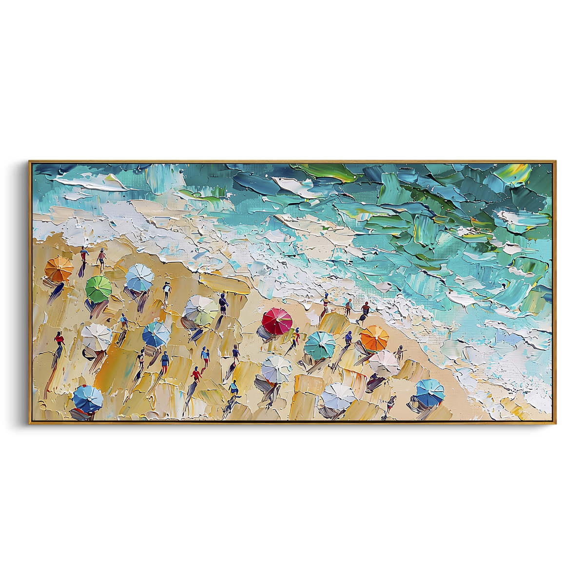 Colorful Umbrella Shore Relief focuses on this hand-painted textured canvas features a lively beach shoreline with turquoise water, colorful umbrellas, small beach figures, sandy movement, and raised palette-knife surf texture. The composition is described from the actual main image, so the visible subject, color balance, spacing, and surface movement stay specific to this product instead of reading like a batch title. Raised palette-knife layers, sculpted impasto ridges, softened brush