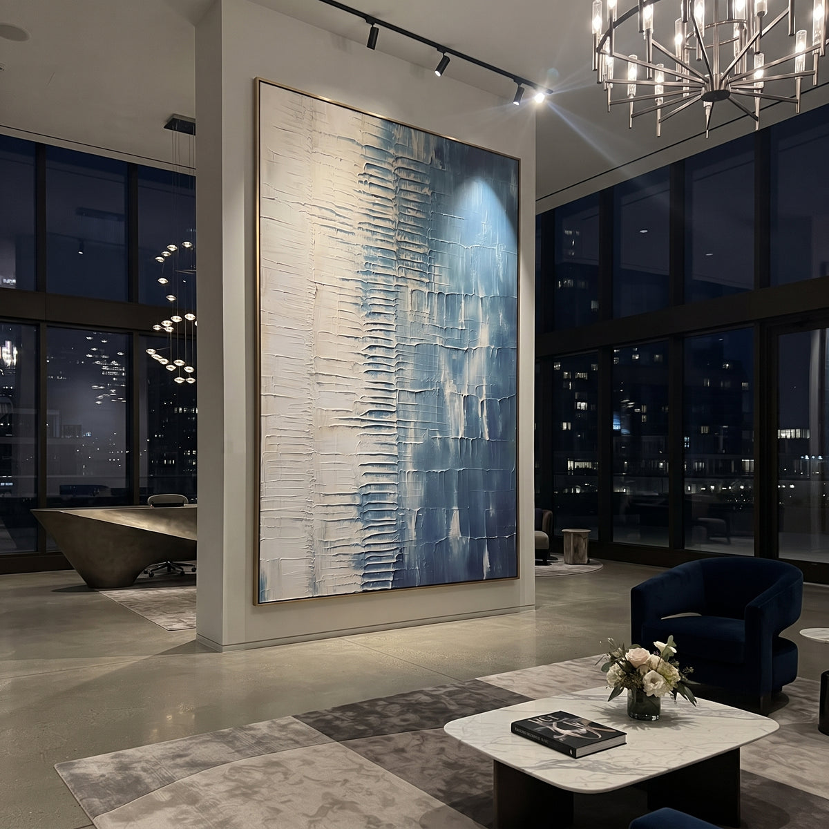 Blue White Grid Relief focuses on this hand-painted textured canvas features a blue and white block composition with ribbed center texture, scraped plaster rectangles, and layered geometric impasto depth. The composition is described from the actual main image, so the visible subject, color balance, spacing, and surface movement stay specific to this product instead of reading like a batch title. Raised palette-knife layers, sculpted impasto ridges, softened brush transitions, and tactile