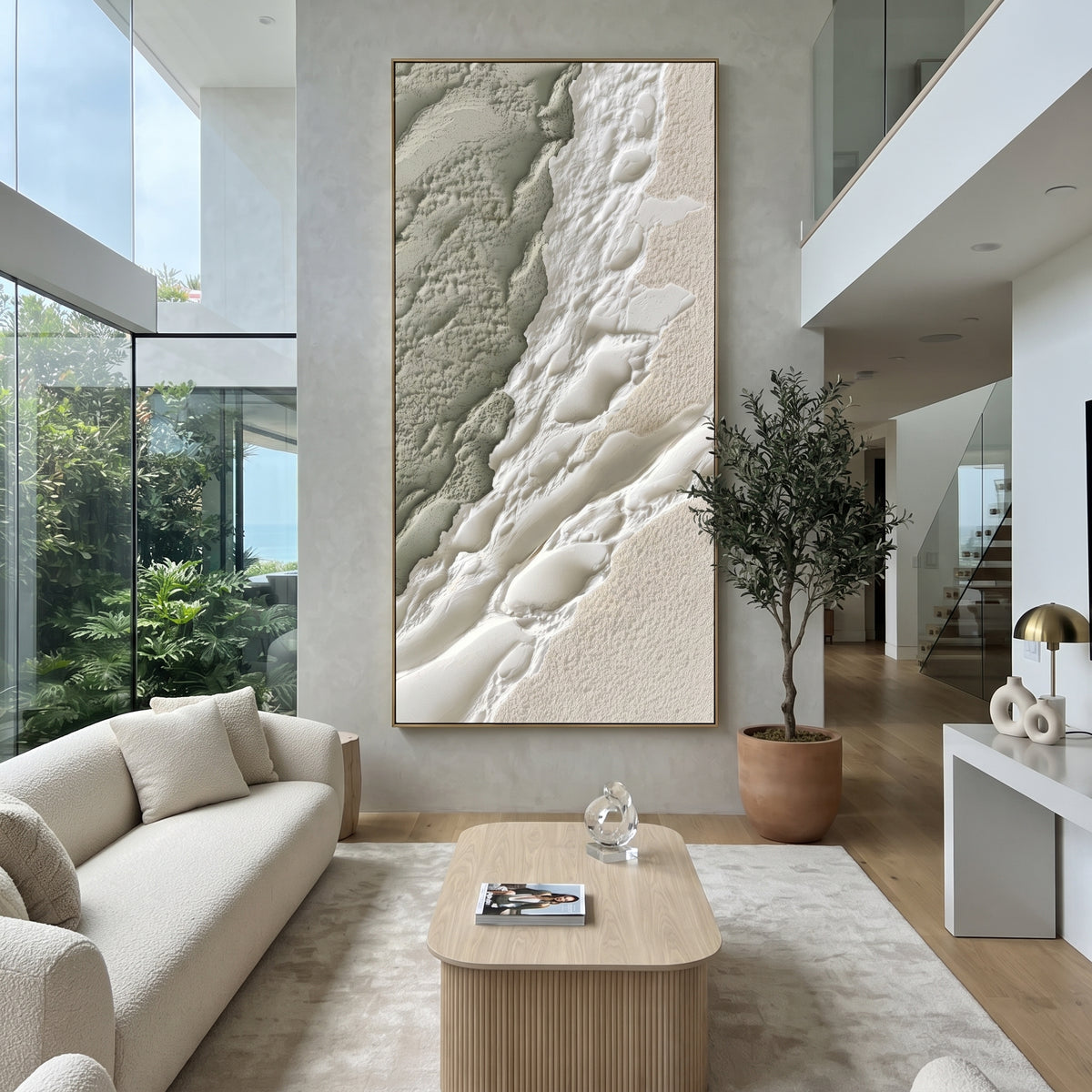 Sage White Topographic Relief focuses on this hand-painted textured canvas features organic topographic plaster ridges, sage green textured fields, raised white flowing forms, and quiet beige mineral surface detail. The composition is described from the actual main image, so the visible subject, color balance, spacing, and surface movement stay specific to this product instead of reading like a batch title. Raised palette-knife layers, sculpted impasto ridges, softened brush transitions, and