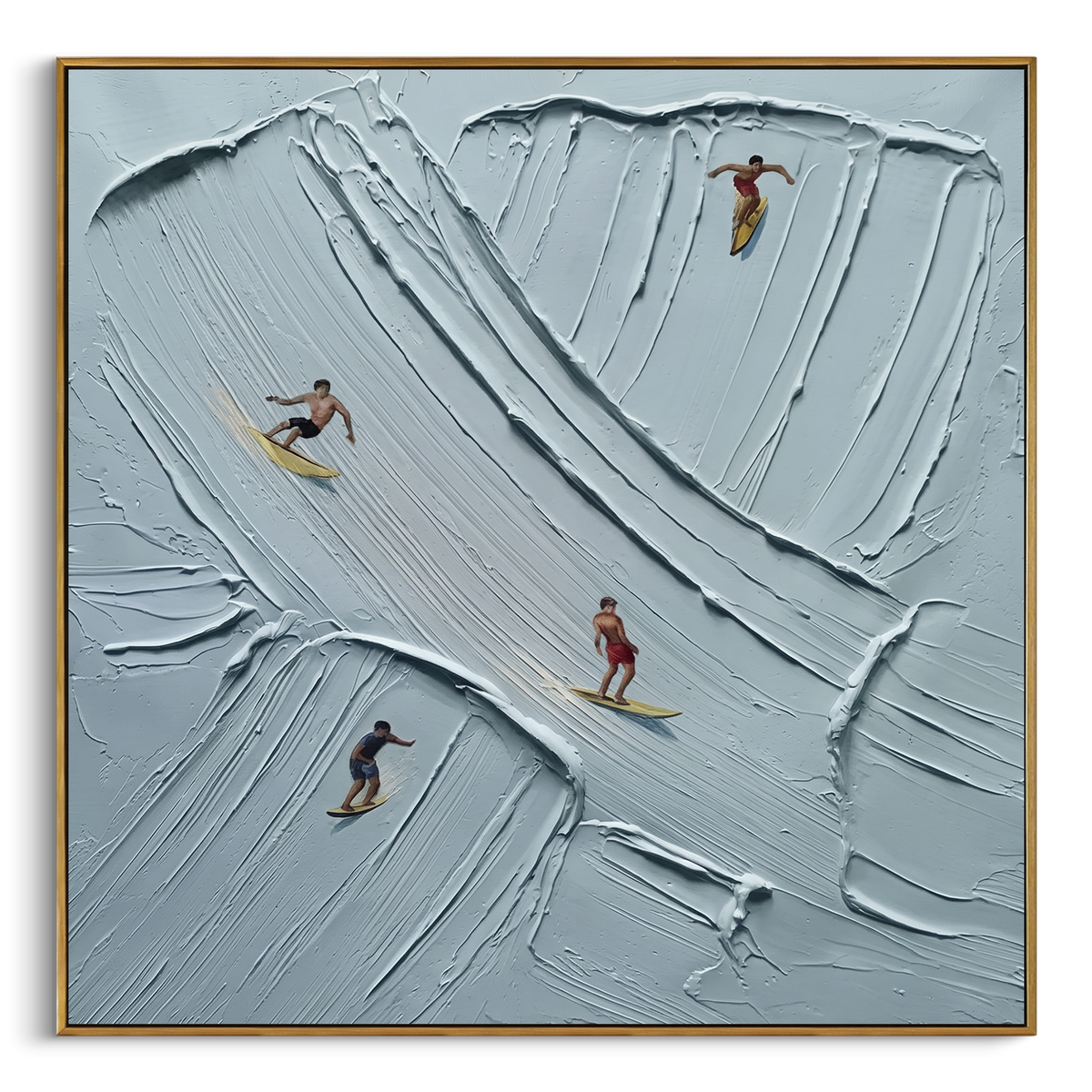 Pale Blue Surfer Relief focuses on this hand-painted textured canvas features minimal pale blue wave forms, small surfers on yellow boards, smooth raised plaster ridges, and a calm square beach composition. The composition is described from the actual main image, so the visible subject, color balance, spacing, and surface movement stay specific to this product instead of reading like a batch title. Raised palette-knife layers, sculpted impasto ridges, softened brush transitions, and tactile