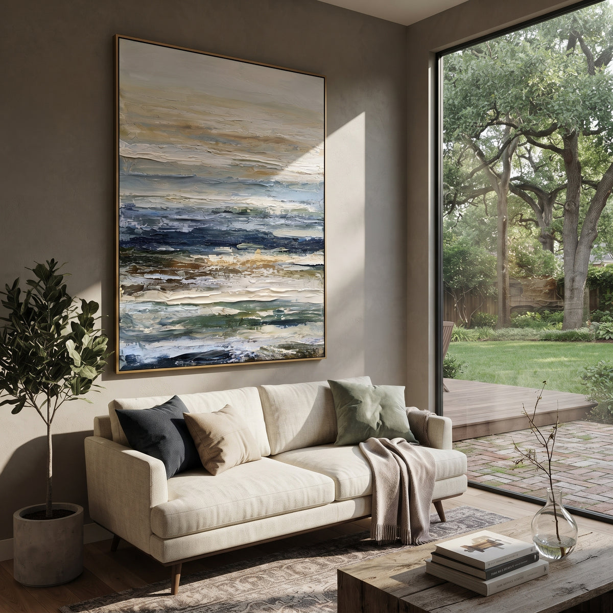 Layered Storm Shore Relief focuses on this hand-painted textured canvas features layered stormy shoreline bands, dark blue surf, muted sand tones, scraped white seafoam, and expressive horizontal impasto movement. The composition is described from the actual main image, so the visible subject, color balance, spacing, and surface movement stay specific to this product instead of reading like a batch title. Raised palette-knife layers, sculpted impasto ridges, softened brush transitions, and