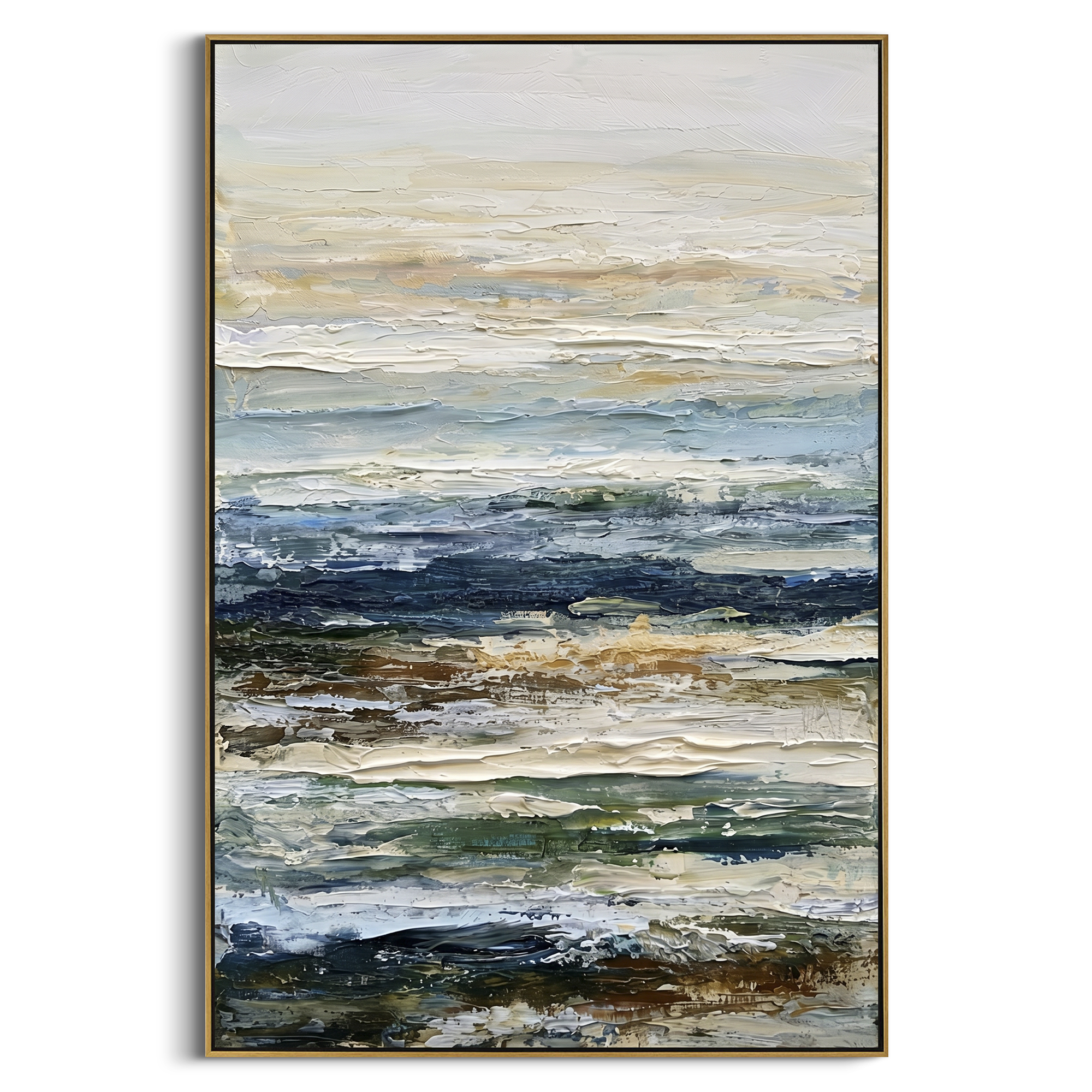 Layered Storm Shore Relief focuses on this hand-painted textured canvas features layered stormy shoreline bands, dark blue surf, muted sand tones, scraped white seafoam, and expressive horizontal impasto movement. The composition is described from the actual main image, so the visible subject, color balance, spacing, and surface movement stay specific to this product instead of reading like a batch title. Raised palette-knife layers, sculpted impasto ridges, softened brush transitions, and