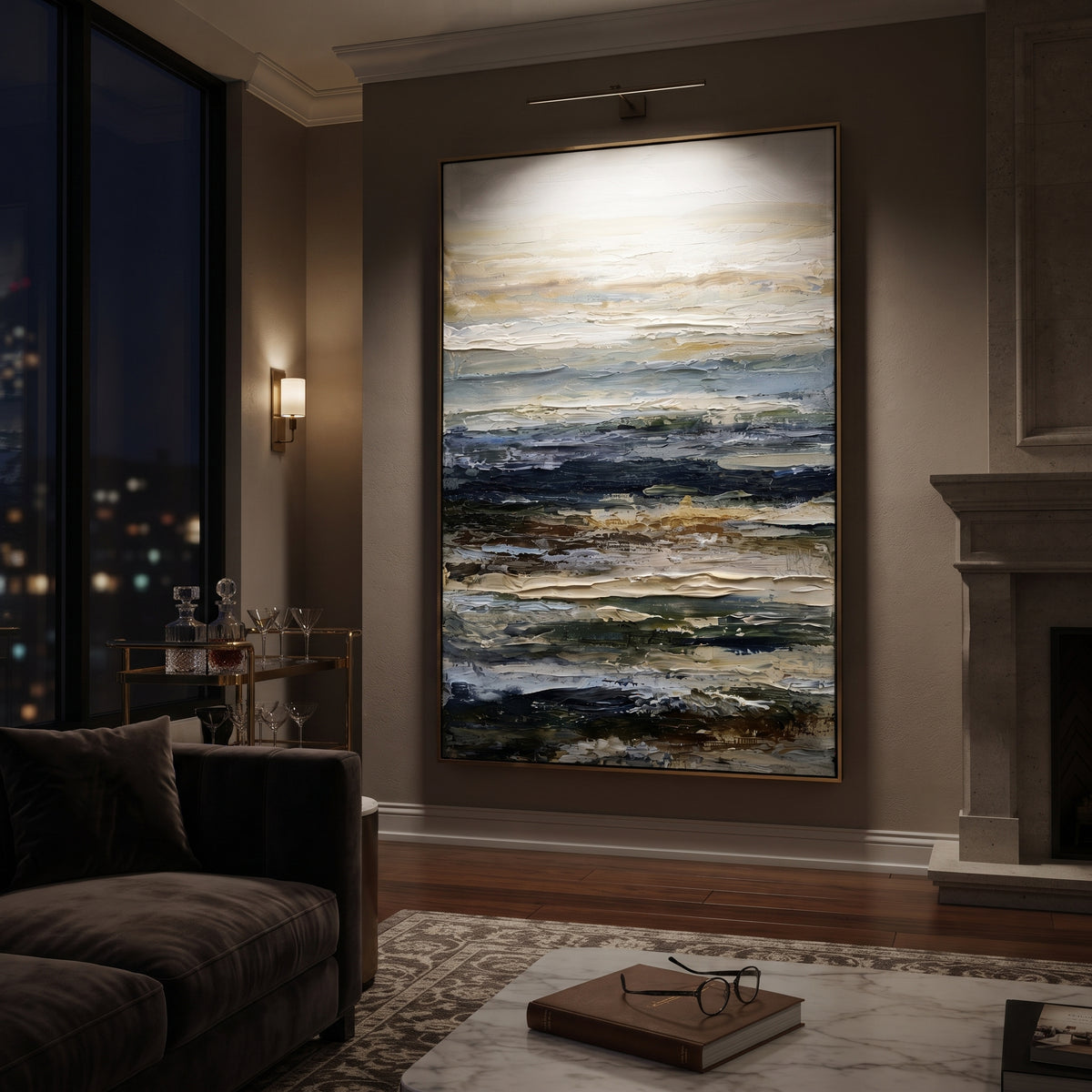 Layered Storm Shore Relief focuses on this hand-painted textured canvas features layered stormy shoreline bands, dark blue surf, muted sand tones, scraped white seafoam, and expressive horizontal impasto movement. The composition is described from the actual main image, so the visible subject, color balance, spacing, and surface movement stay specific to this product instead of reading like a batch title. Raised palette-knife layers, sculpted impasto ridges, softened brush transitions, and