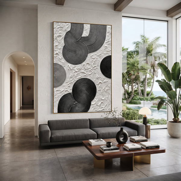 "Black White Concentric Relief" - Modern Heavy Impasto Geometric Abstract | Black & White Palette Knife Painting | Luxury Vertical Wall Art #PT 1725
