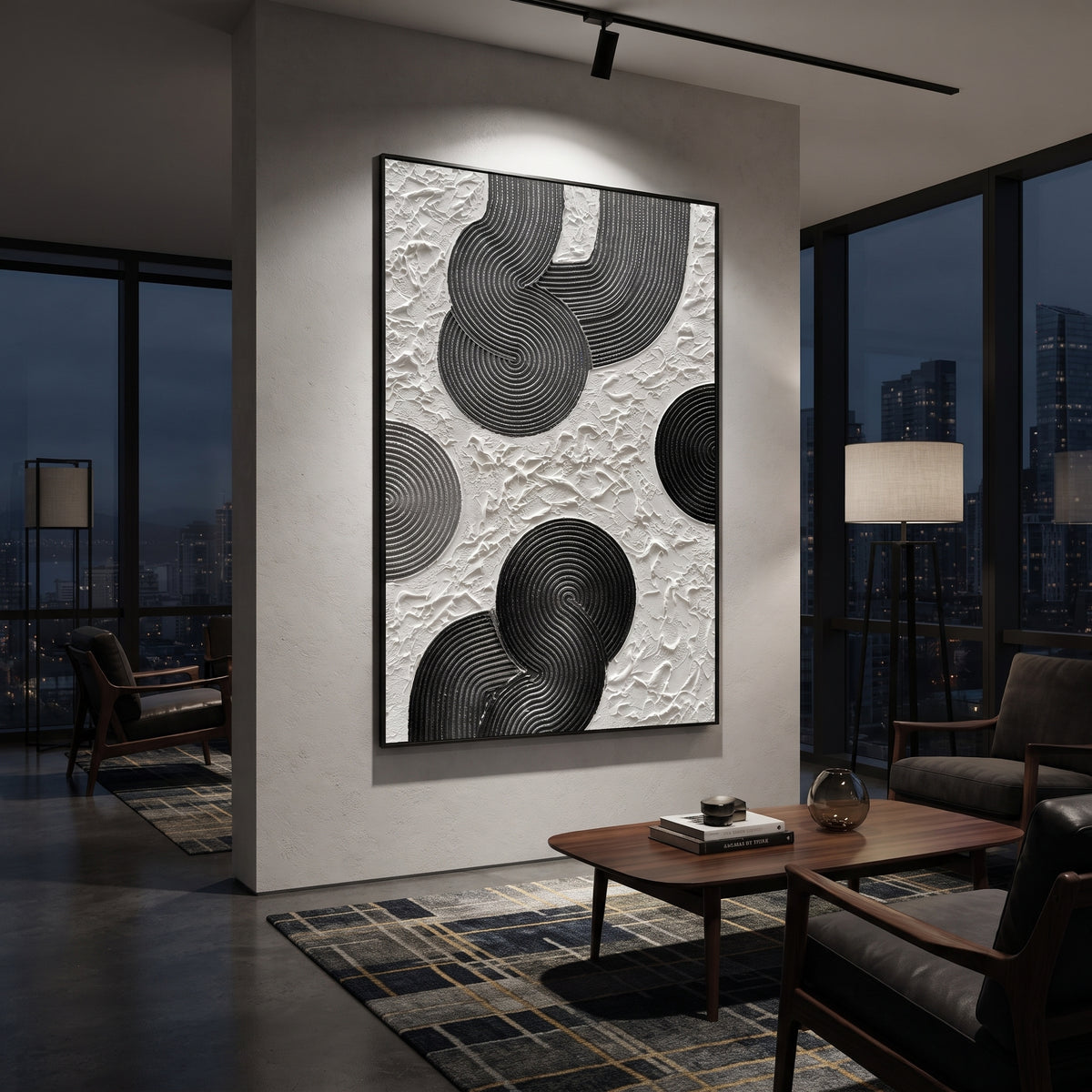 Black White Concentric Relief focuses on this hand-painted textured canvas features black concentric ribbed forms, white broken plaster ground, curved graphic linework, and bold monochrome texture. The composition is described from the actual main image, so the visible subject, color balance, spacing, and surface movement stay specific to this product instead of reading like a batch title. Raised palette-knife layers, sculpted impasto ridges, softened brush transitions, and tactile handmade