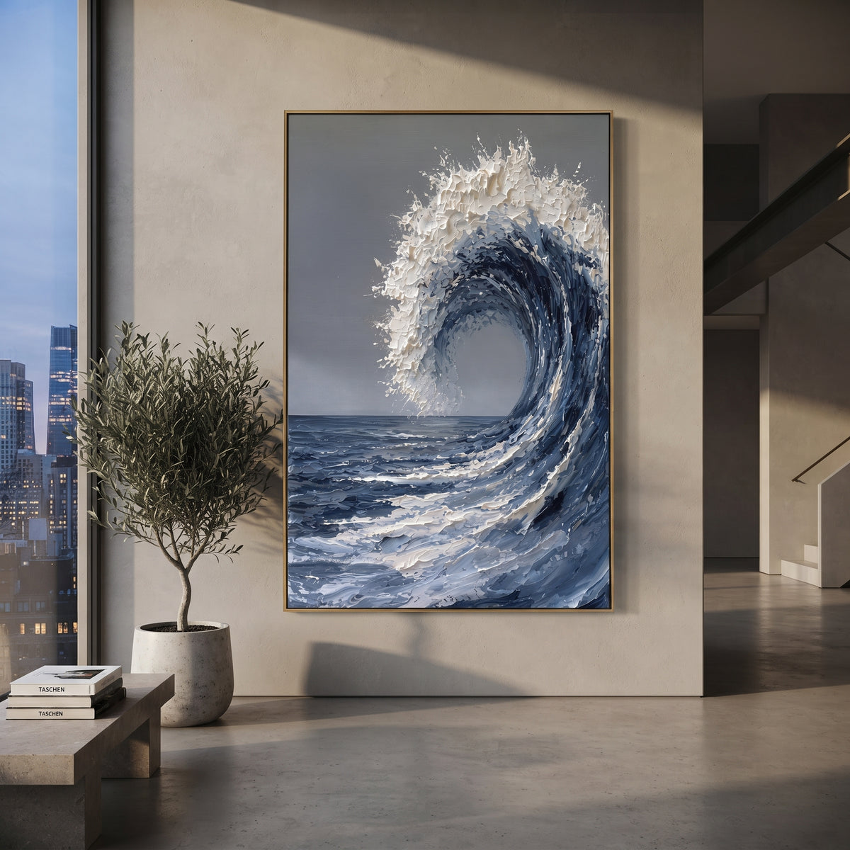 Cresting Blue Wave Relief focuses on this hand-painted textured canvas features a large curling blue ocean wave, thick white foam, grey open sky, and sculptural palette-knife water movement. The composition is described from the actual main image, so the visible subject, color balance, spacing, and surface movement stay specific to this product instead of reading like a batch title. Raised palette-knife layers, sculpted impasto ridges, softened brush transitions, and tactile handmade texture