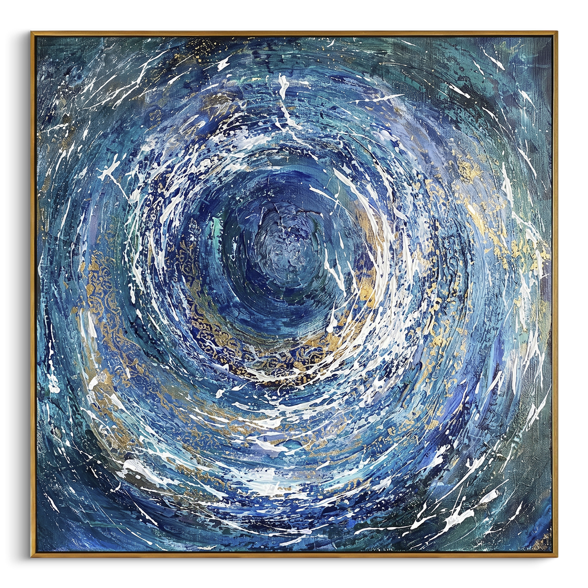 Blue Gold Ocean Vortex focuses on this hand-painted textured canvas features a circular ocean vortex, deep blue spiral motion, white splash marks, gold accents, and energetic abstract wave texture. The composition is described from the actual main image, so the visible subject, color balance, spacing, and surface movement stay specific to this product instead of reading like a batch title. Raised palette-knife layers, sculpted impasto ridges, softened brush transitions, and tactile handmade