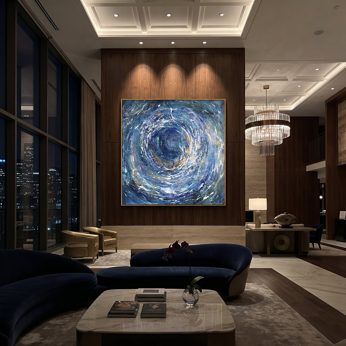 Blue Gold Ocean Vortex focuses on this hand-painted textured canvas features a circular ocean vortex, deep blue spiral motion, white splash marks, gold accents, and energetic abstract wave texture. The composition is described from the actual main image, so the visible subject, color balance, spacing, and surface movement stay specific to this product instead of reading like a batch title. Raised palette-knife layers, sculpted impasto ridges, softened brush transitions, and tactile handmade