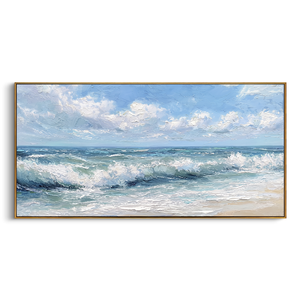 "Cloudy Blue Surf Relief" - Modern Heavy Impasto Ocean Wave Seascape | Blue & White Palette Knife Painting | Luxury Horizontal Wall Art #PT 1728